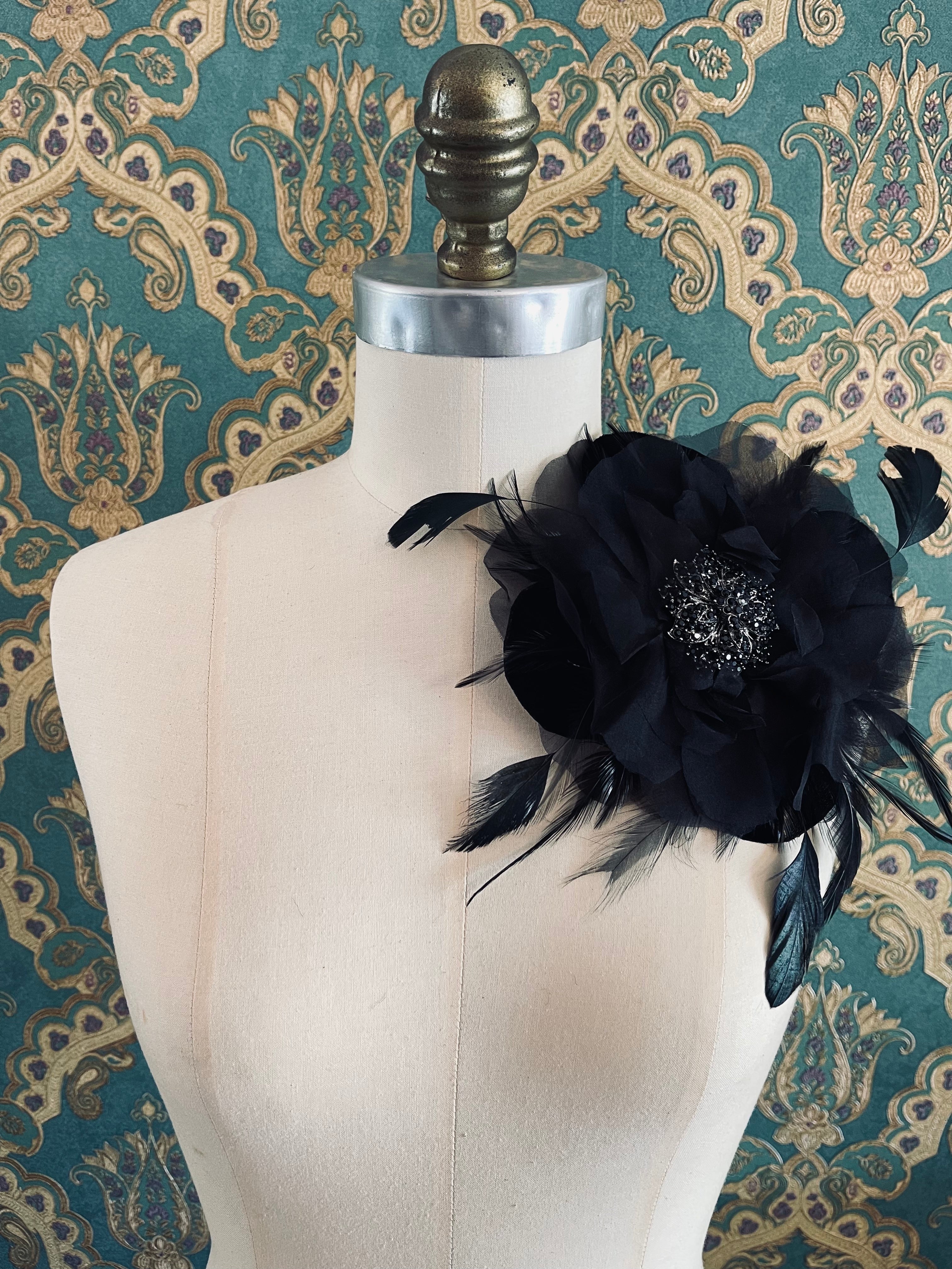 Broochella La Contessa flower brooch pin silk velvet feather handmade bejewelled designer luxury men's women's black accessory