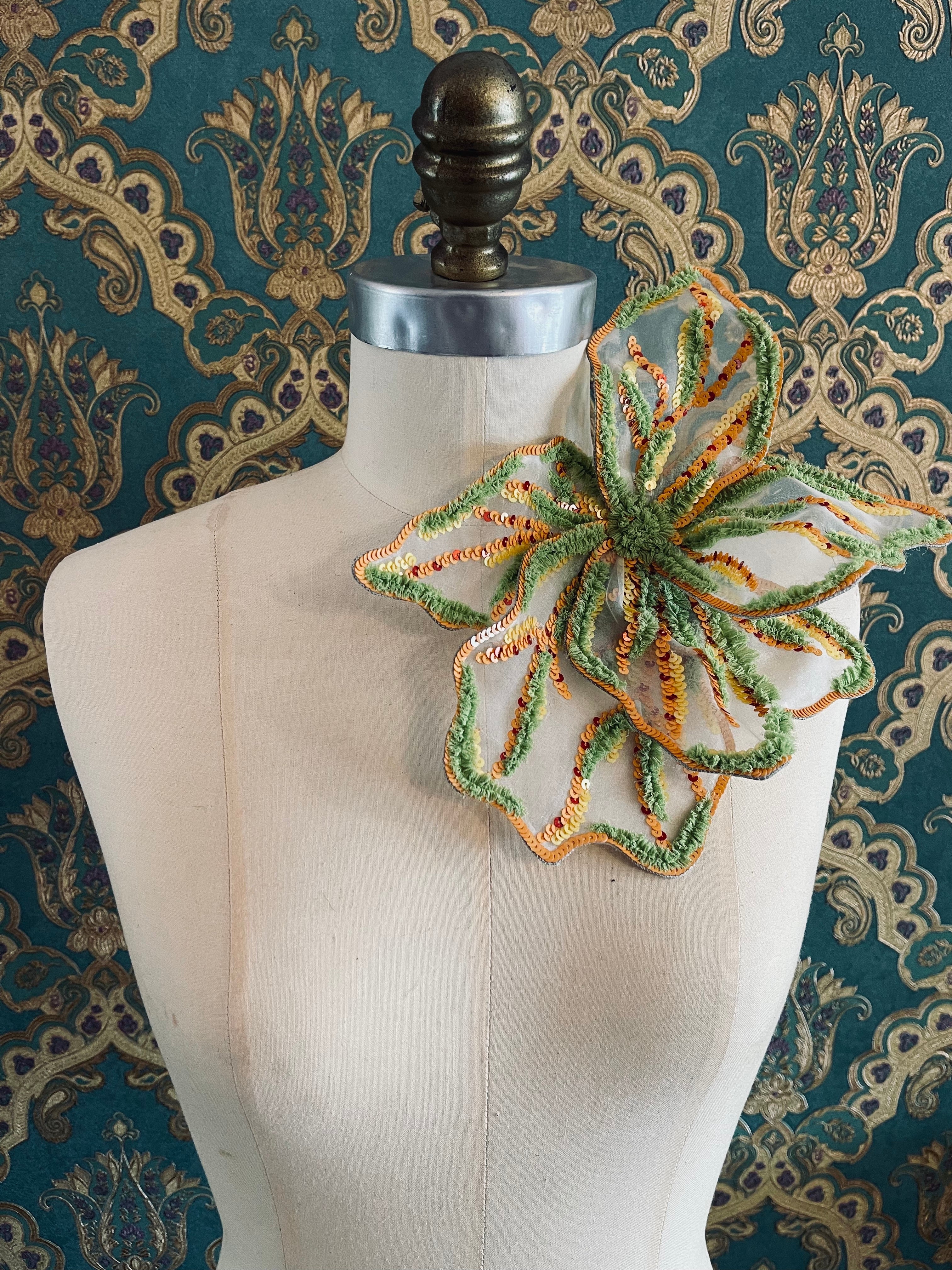 Broochella Giglio di Tigre large flower brooch pin hand beaded sequin silk handmade luxury designer women's green orange 
