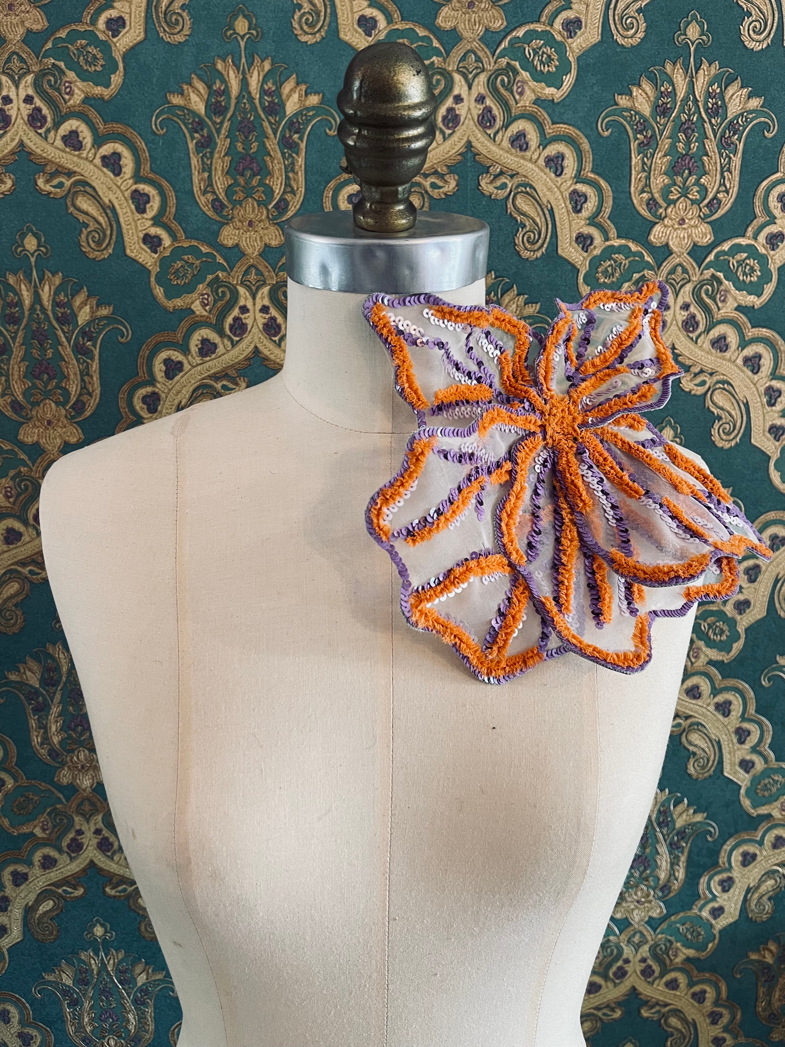 Broochella Giglio di Tigre large flower brooch pin hand beaded sequin silk handmade luxury designer women's purple orange accessory