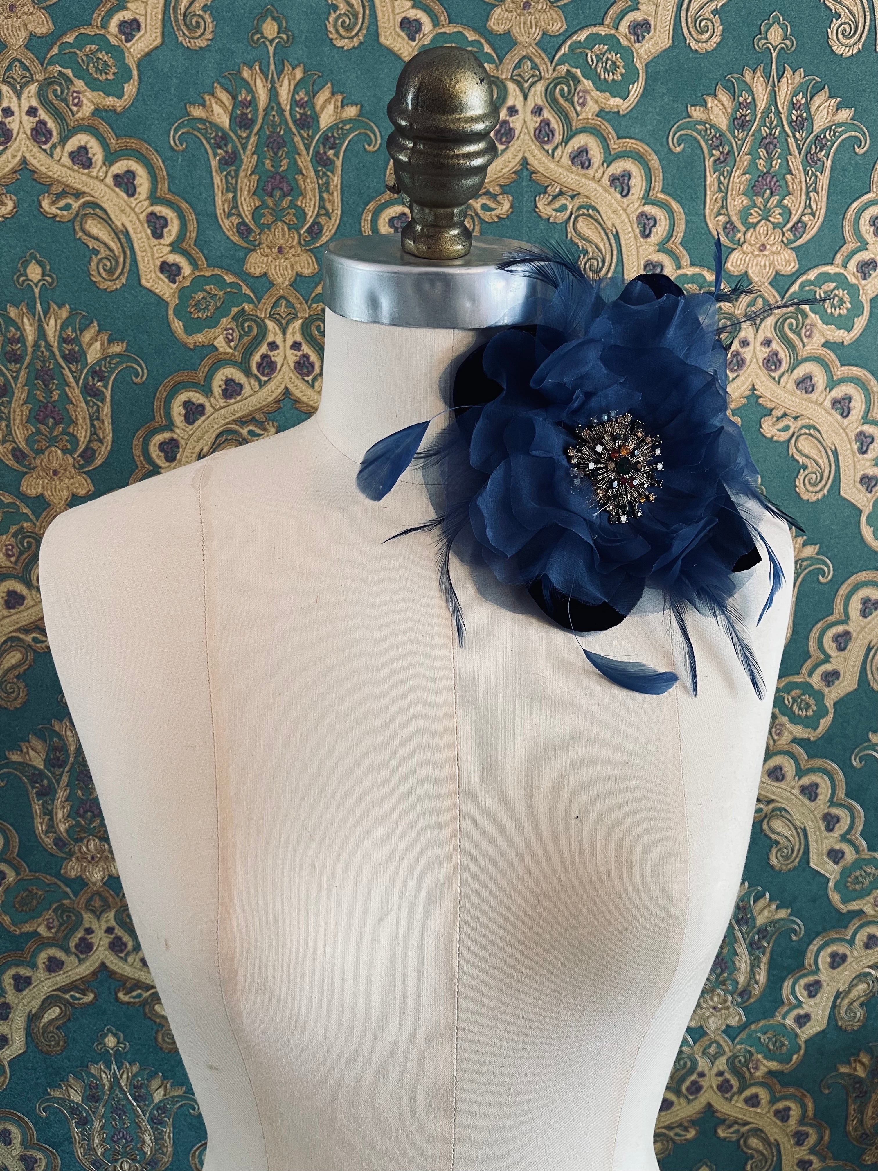 La Duchessa Flower brooch pin handmade silk velvet feather rhinestone embellishment luxury designer men's women's navy blue