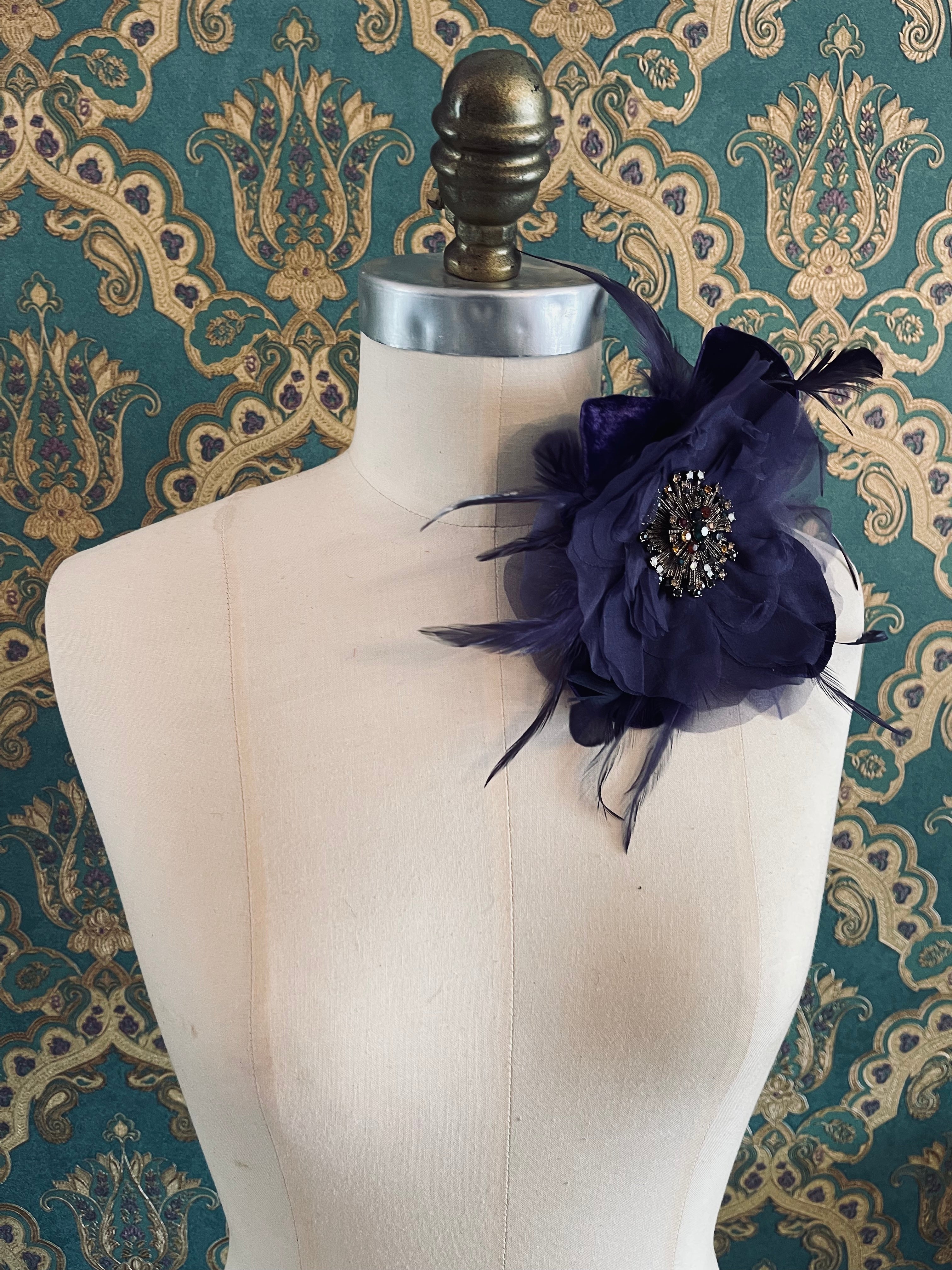 La Duchessa Flower brooch pin handmade silk velvet feather rhinestone embellishment luxury designer men's women's purple