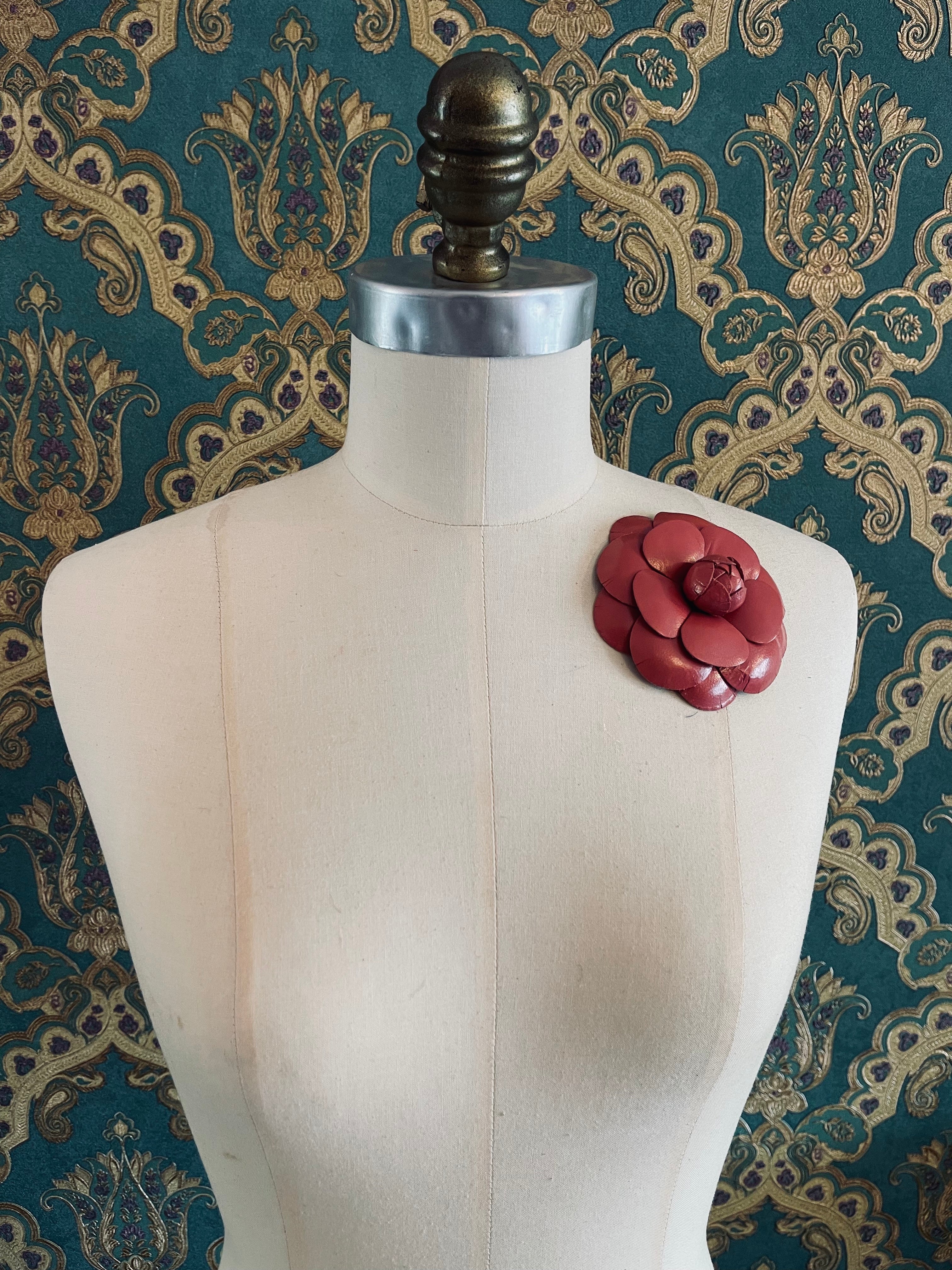 Broochella Camelia flower brooch pin leather  designer luxury women’s men’s coral