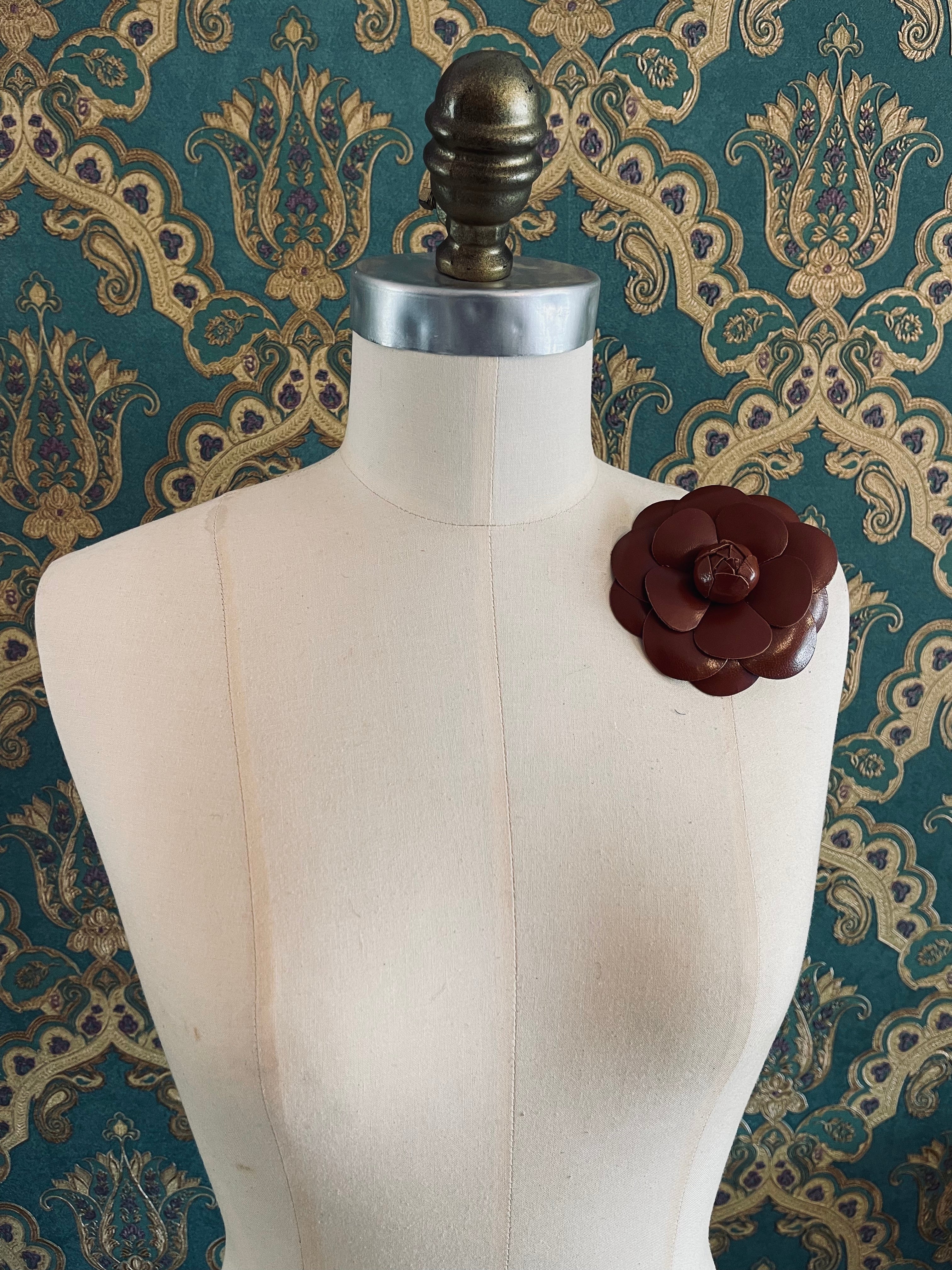 Broochella Camelia flower brooch pin leather  designer luxury women’s men’s brown