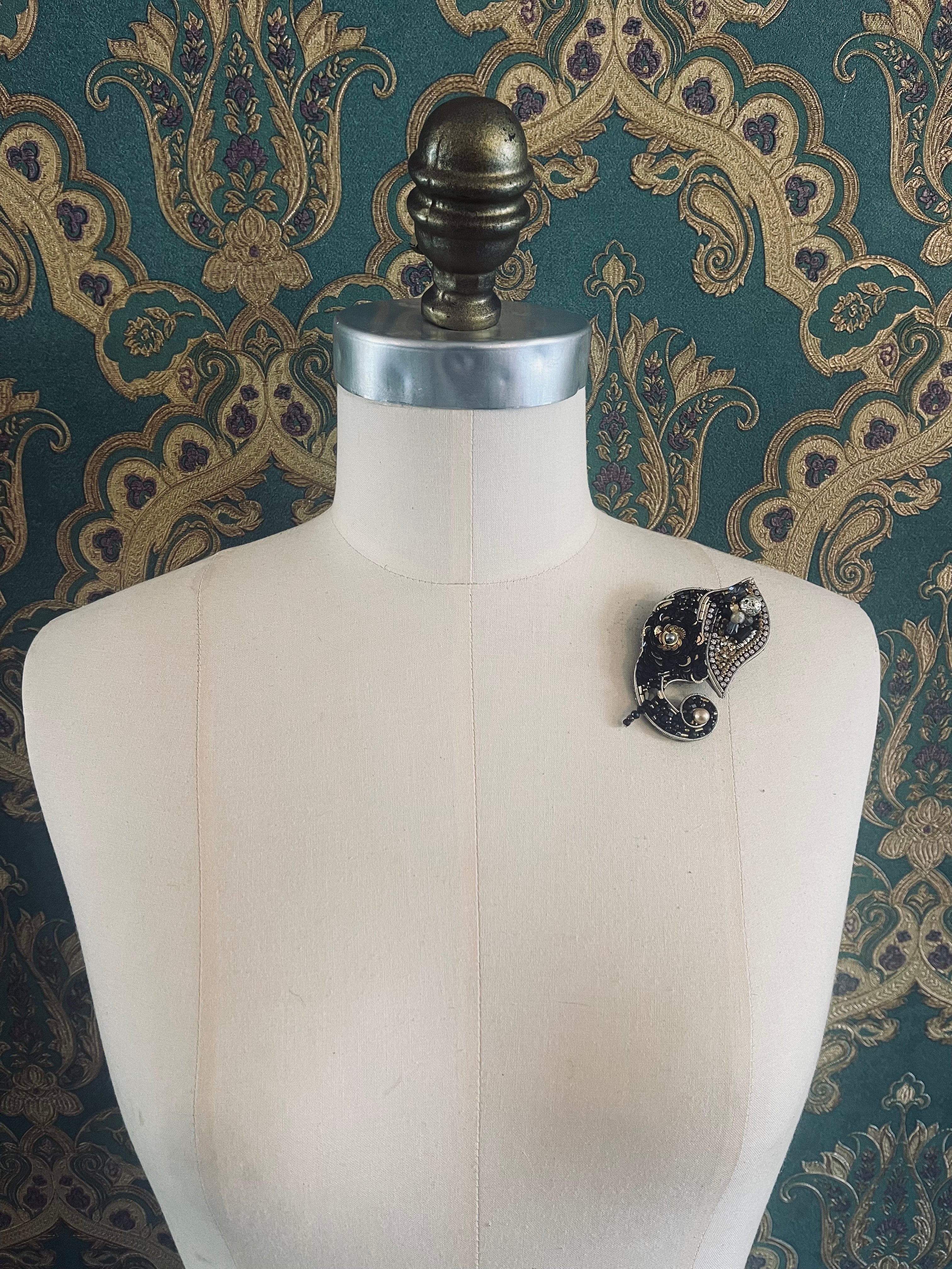Broochella elephant brooch pin hand beaded black gold sequin animal luxury designer handmade women’s men’s 