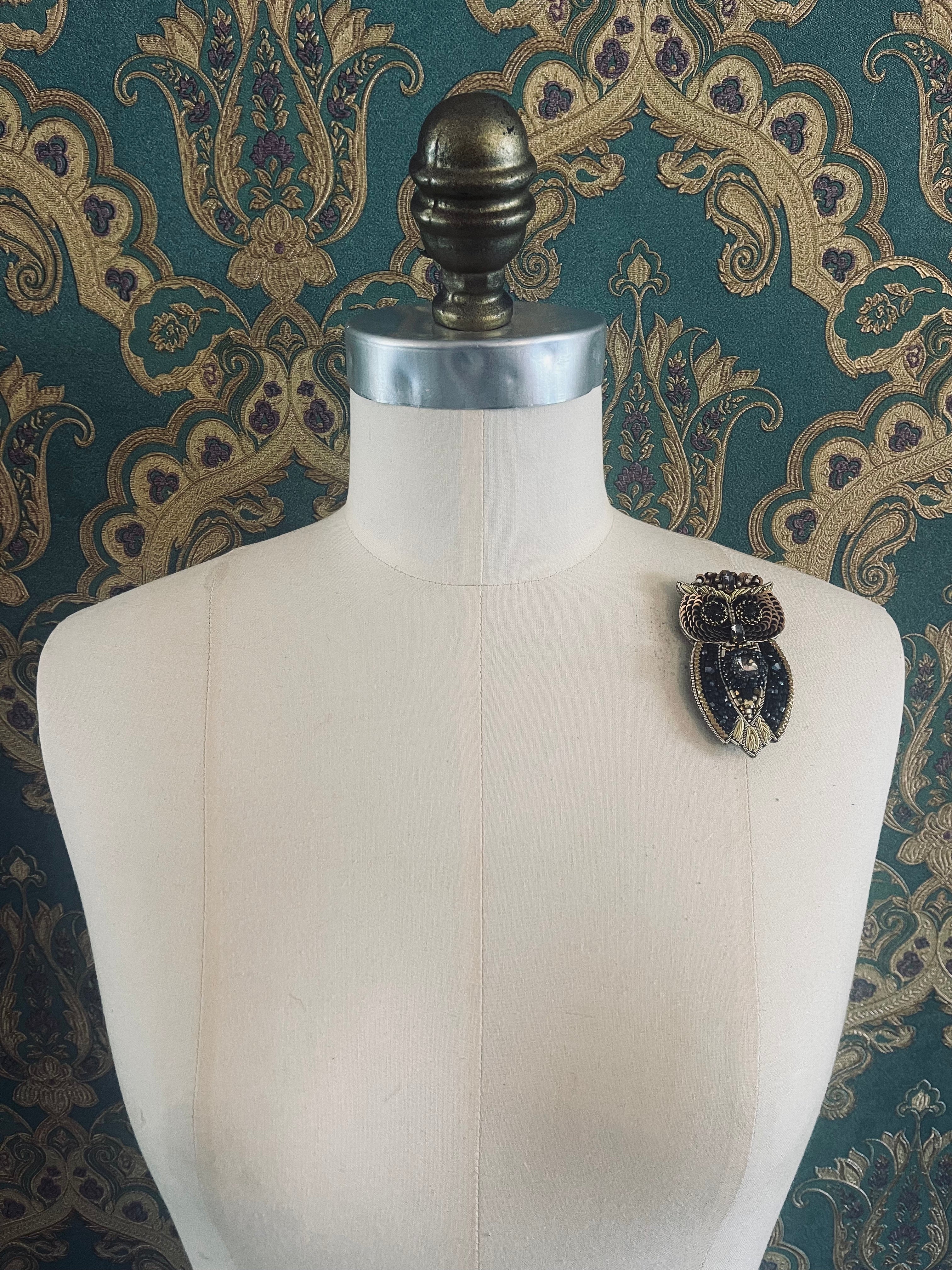 Broochella Owl brooch pin black gold hand beaded sequin crystal handmade luxury designer men's women's 