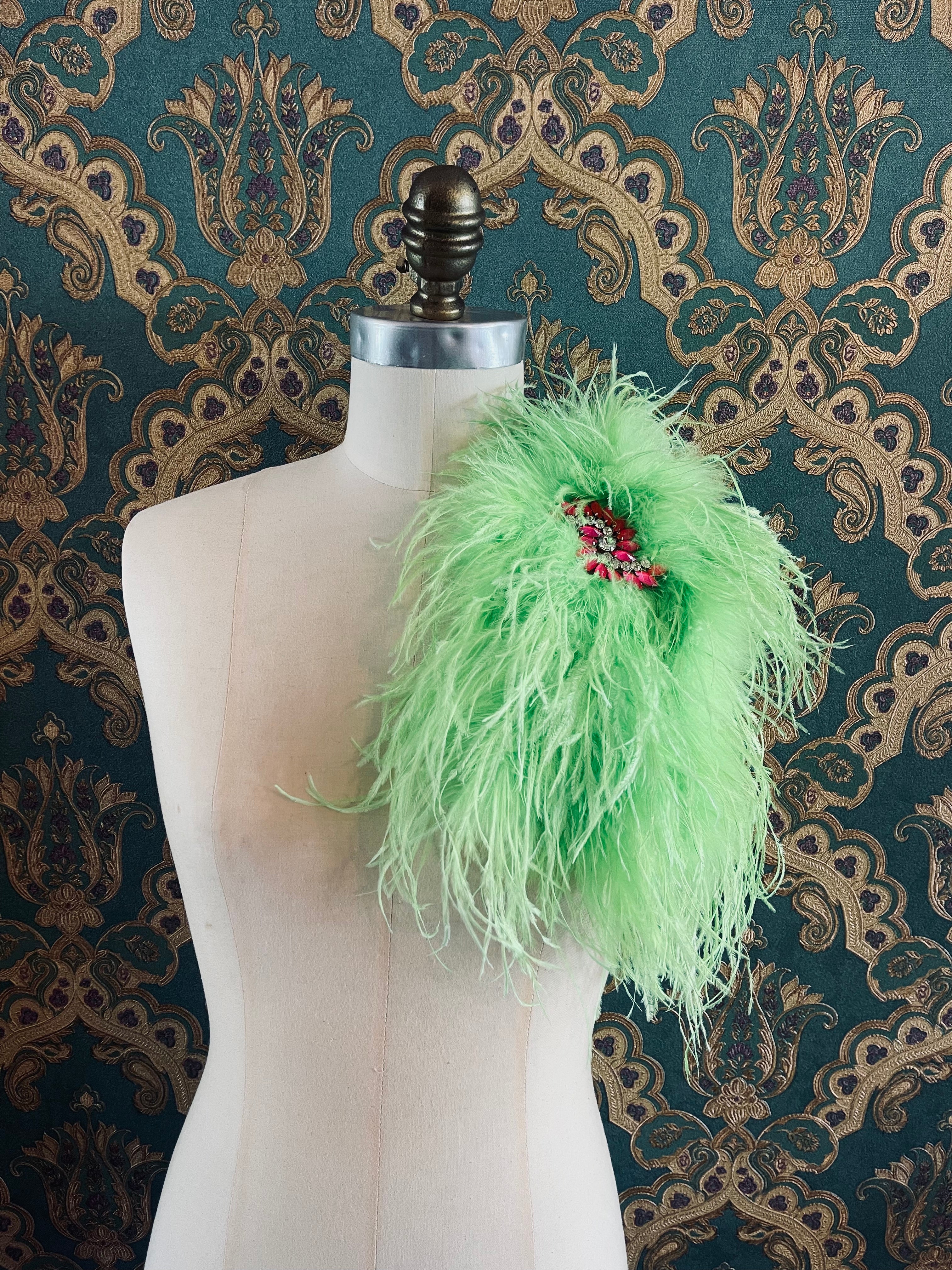 Broochella Piuma Neon large  feather brooch handmade bejewelled embellishment luxury designer men's women's green