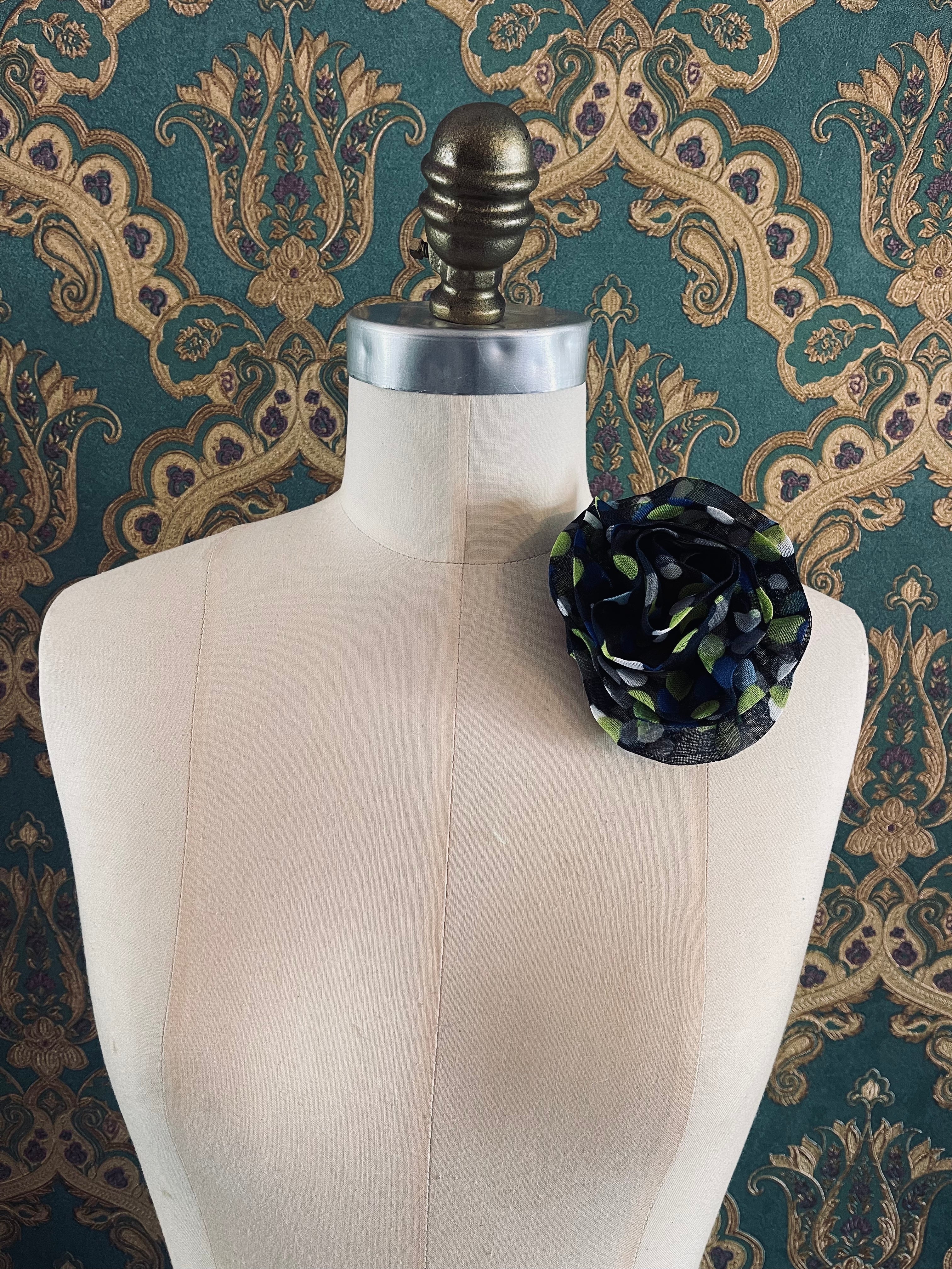 Broochella Brassica fabric flower brooch blue green polka dots cotton linen handmade designer luxury women’s men’s 