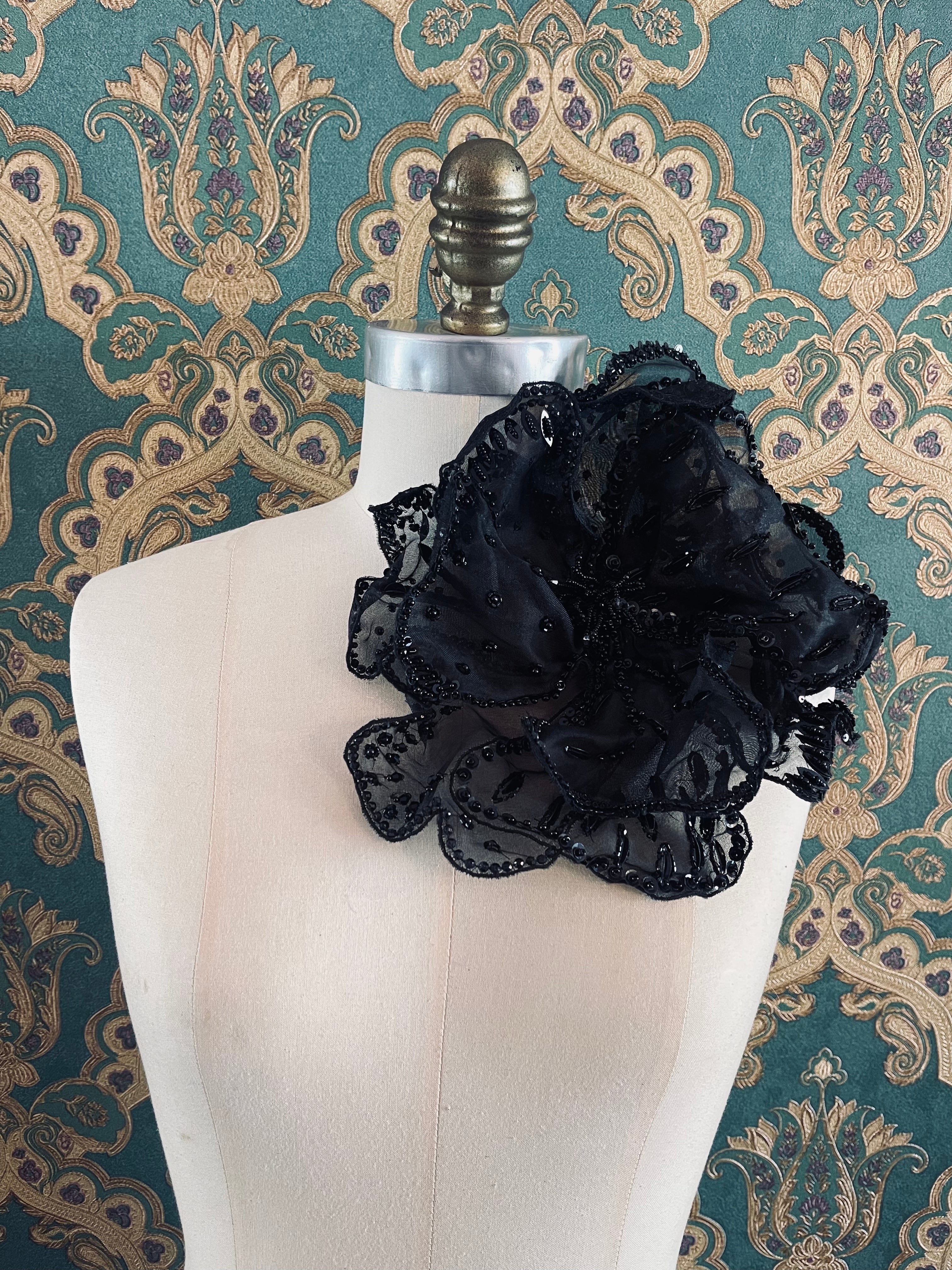 Broochella Baccara hand beaded large black flower brooch pin designer luxury women’s men’s accessory