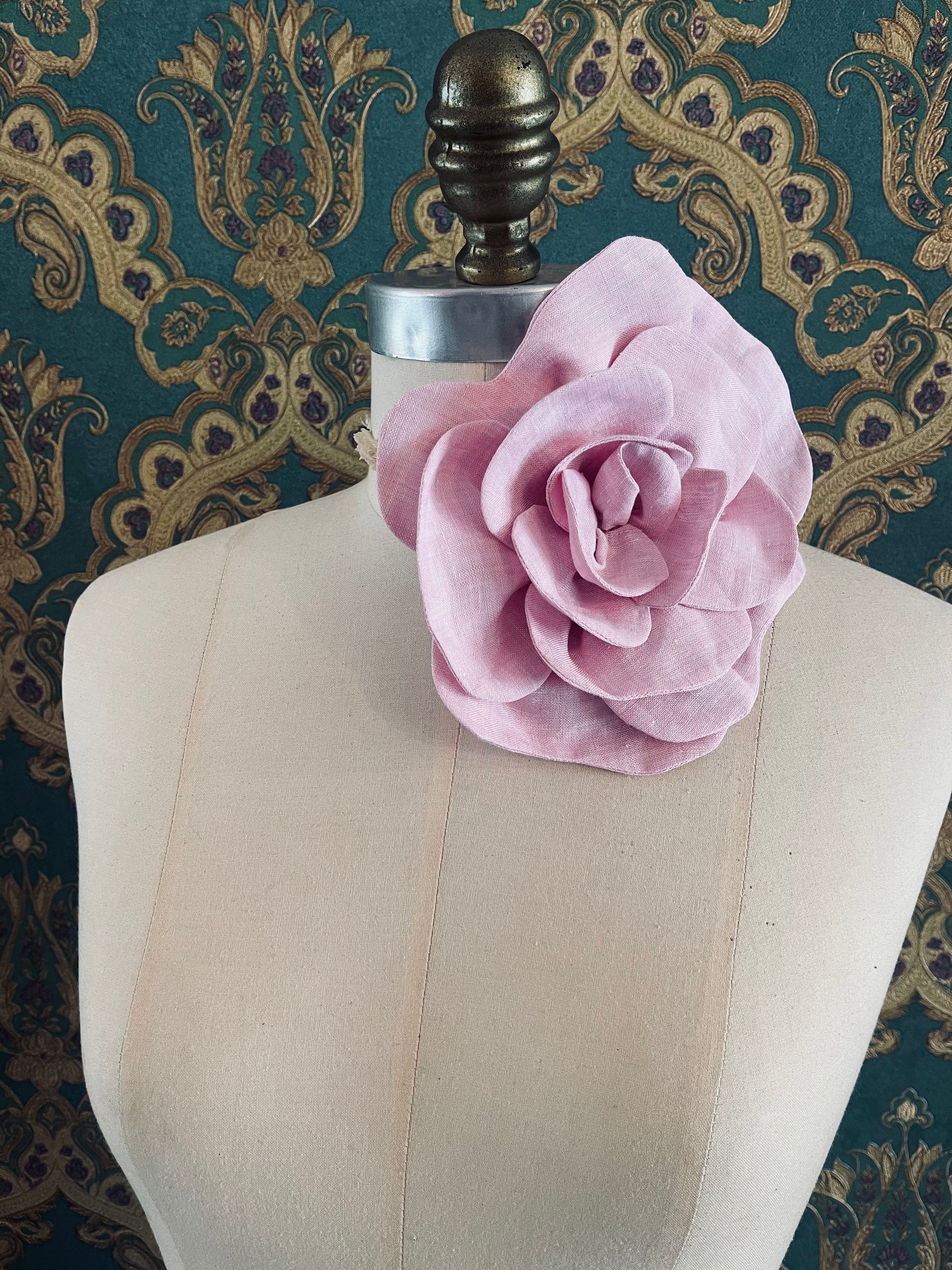 Broochella florella large flower brooch pin choker linen handmade luxury designer men’s women’s accessory pink