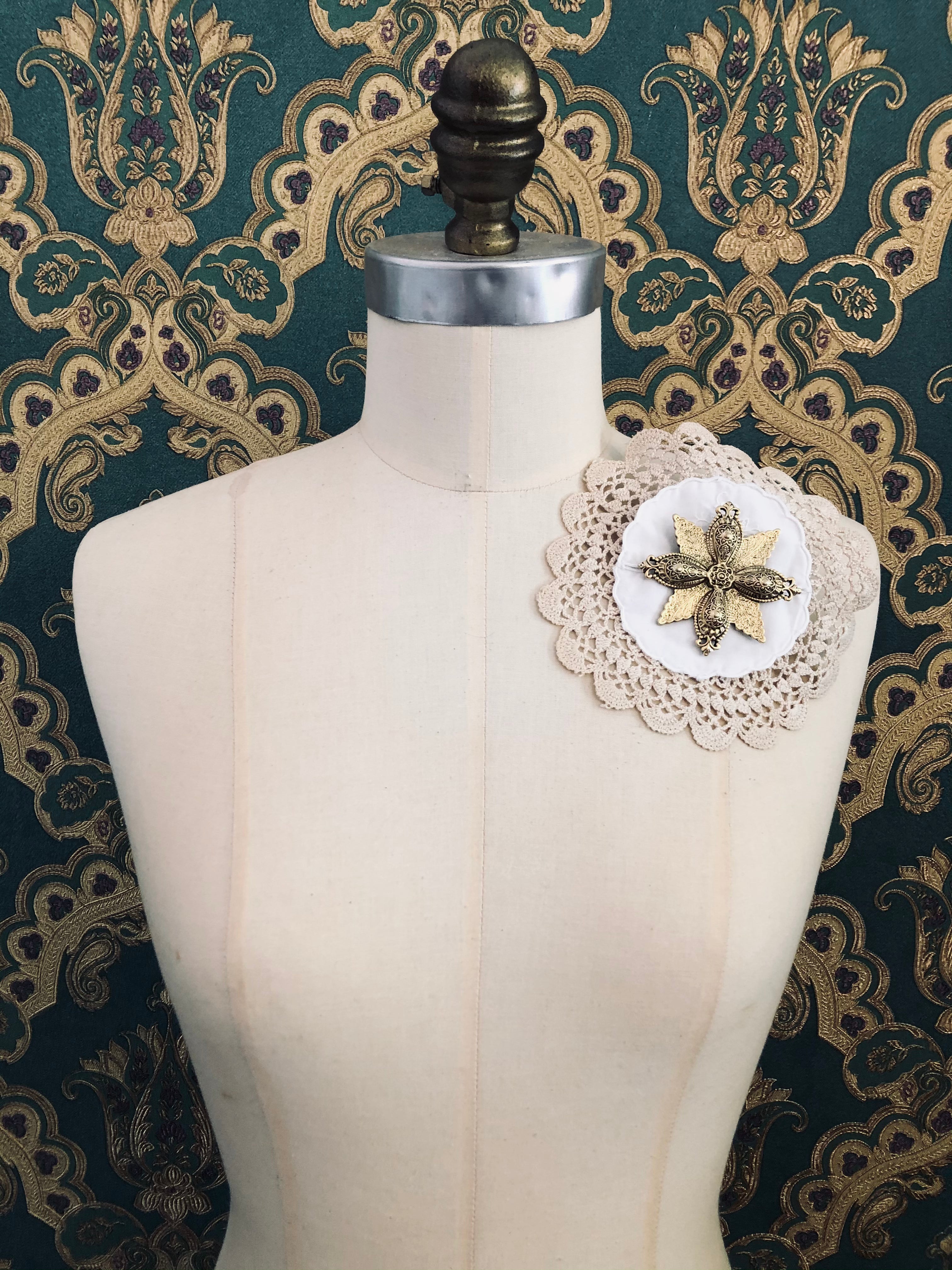 Broochella Corredi brooch pin 3/5 vintage Italian linen handmade embellished vintage brooch upcycled luxury designer men's women's