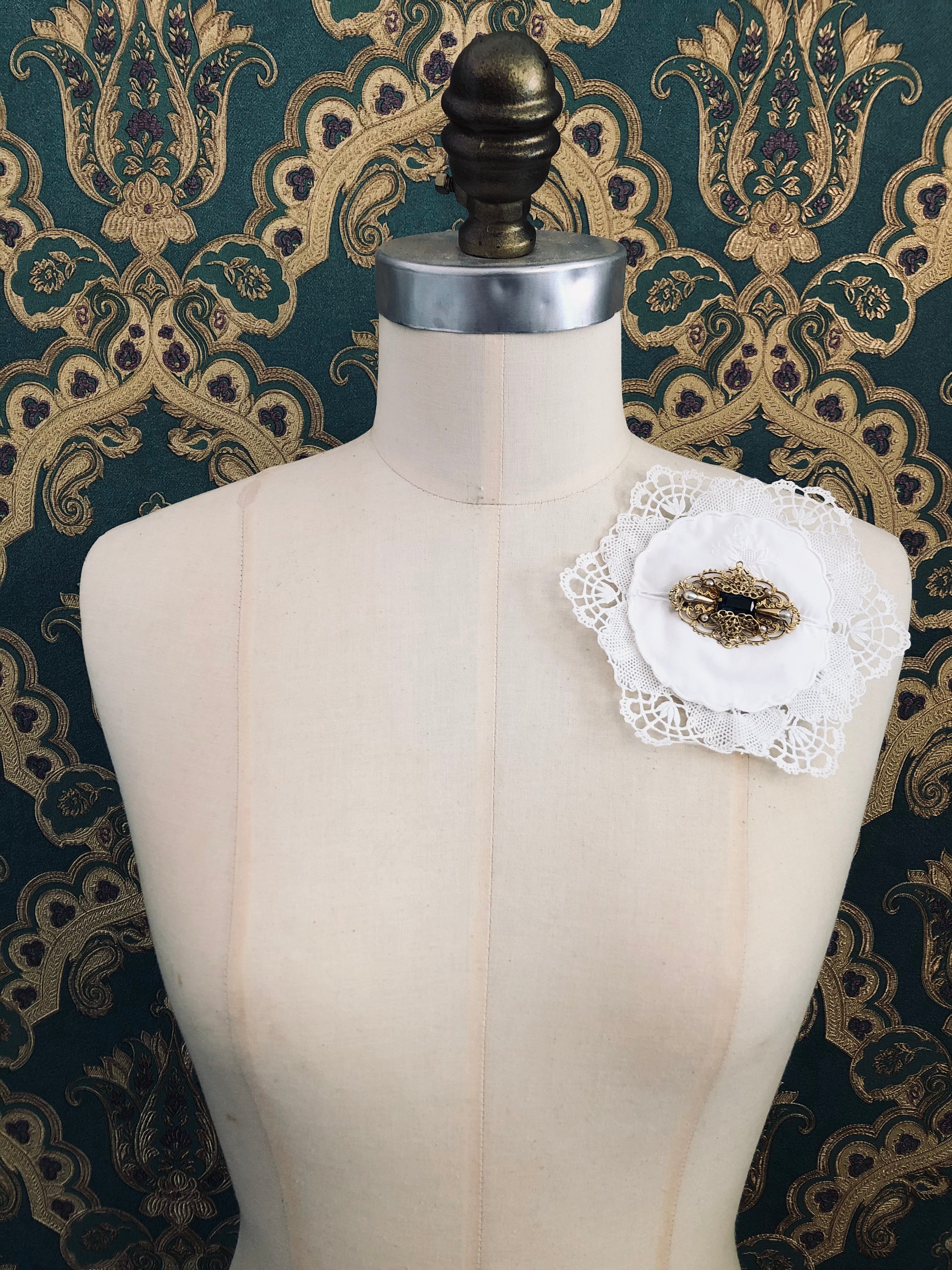 Broochella Corredi Brooch Pin 5/5 Italian Linen handmade upcycled vinatge embellishment luxury designer men's women's 