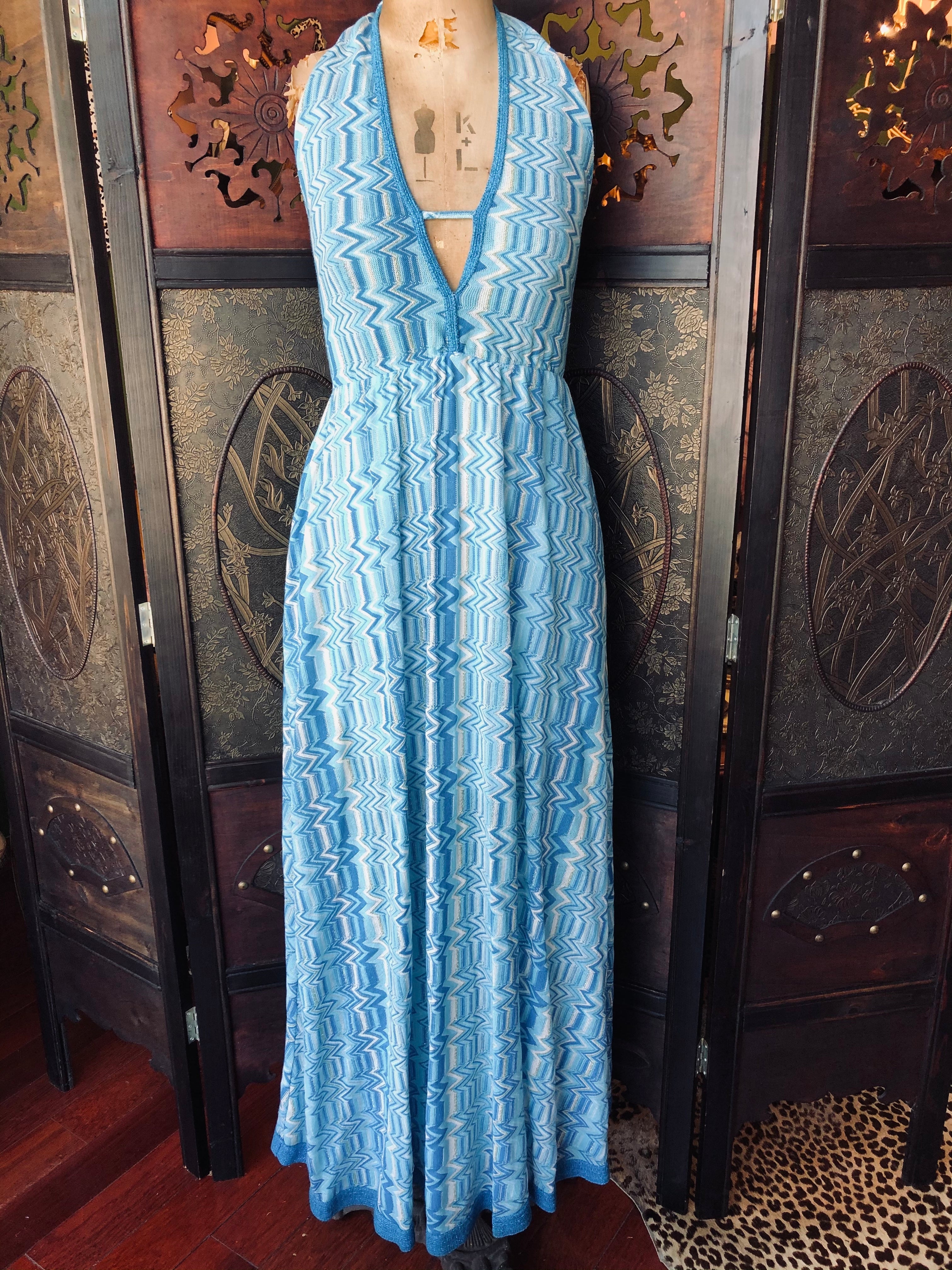 Pho Firenze Blue Zigzag Halter Maxi Dress – Size Medium