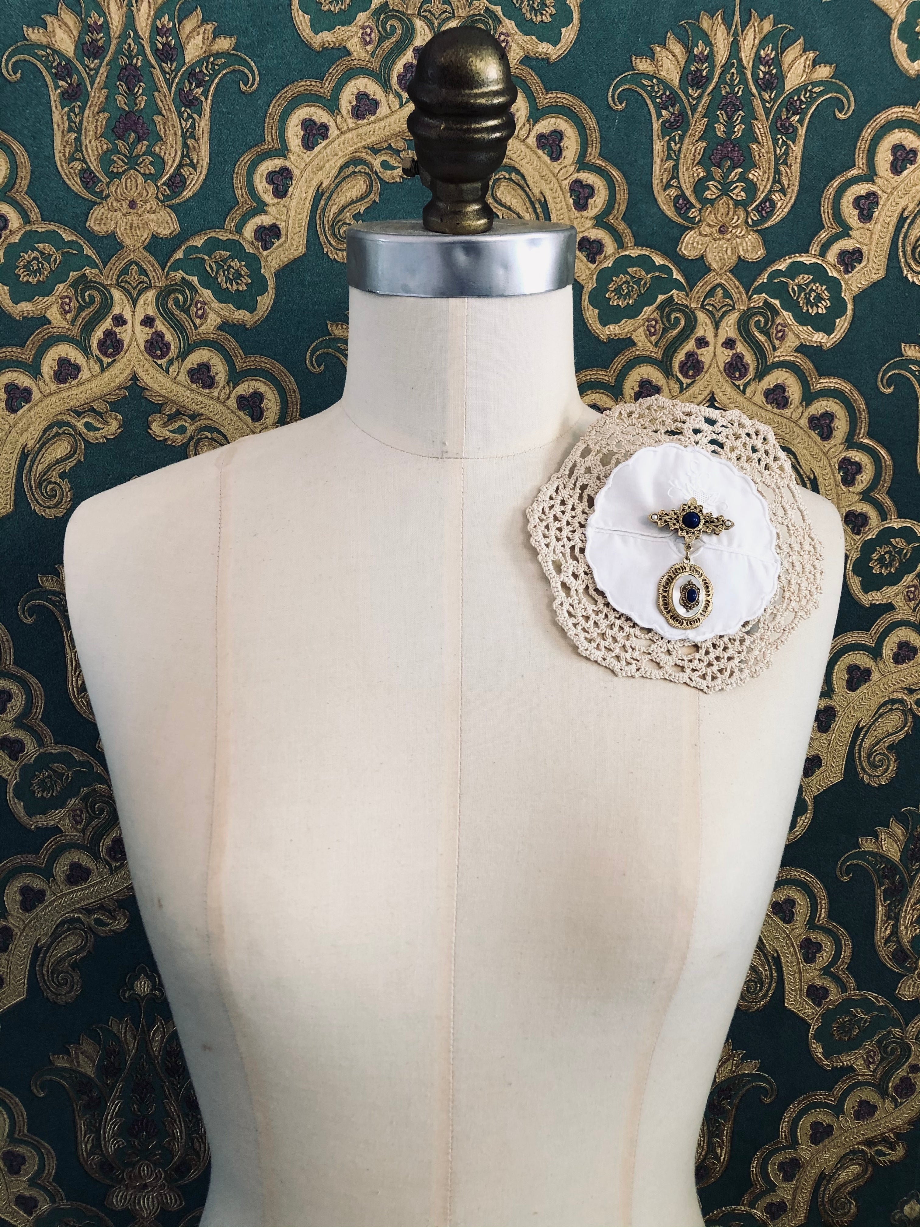 Broochella Corredi Brooch Vintage Italian linen handmade luxury designer upcycled men's women's 