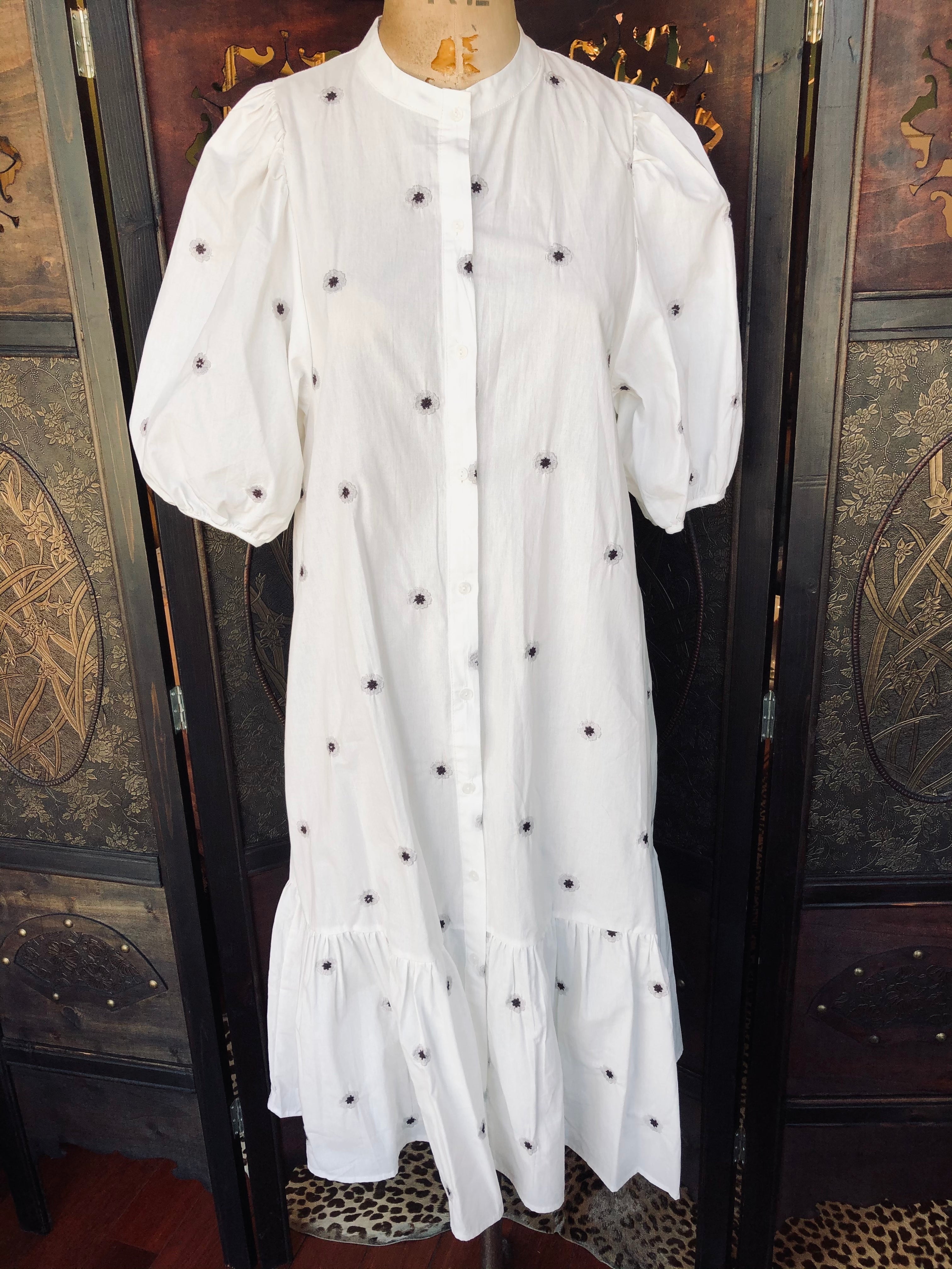 Embroidered White Cotton Shirt Dress – Size Small