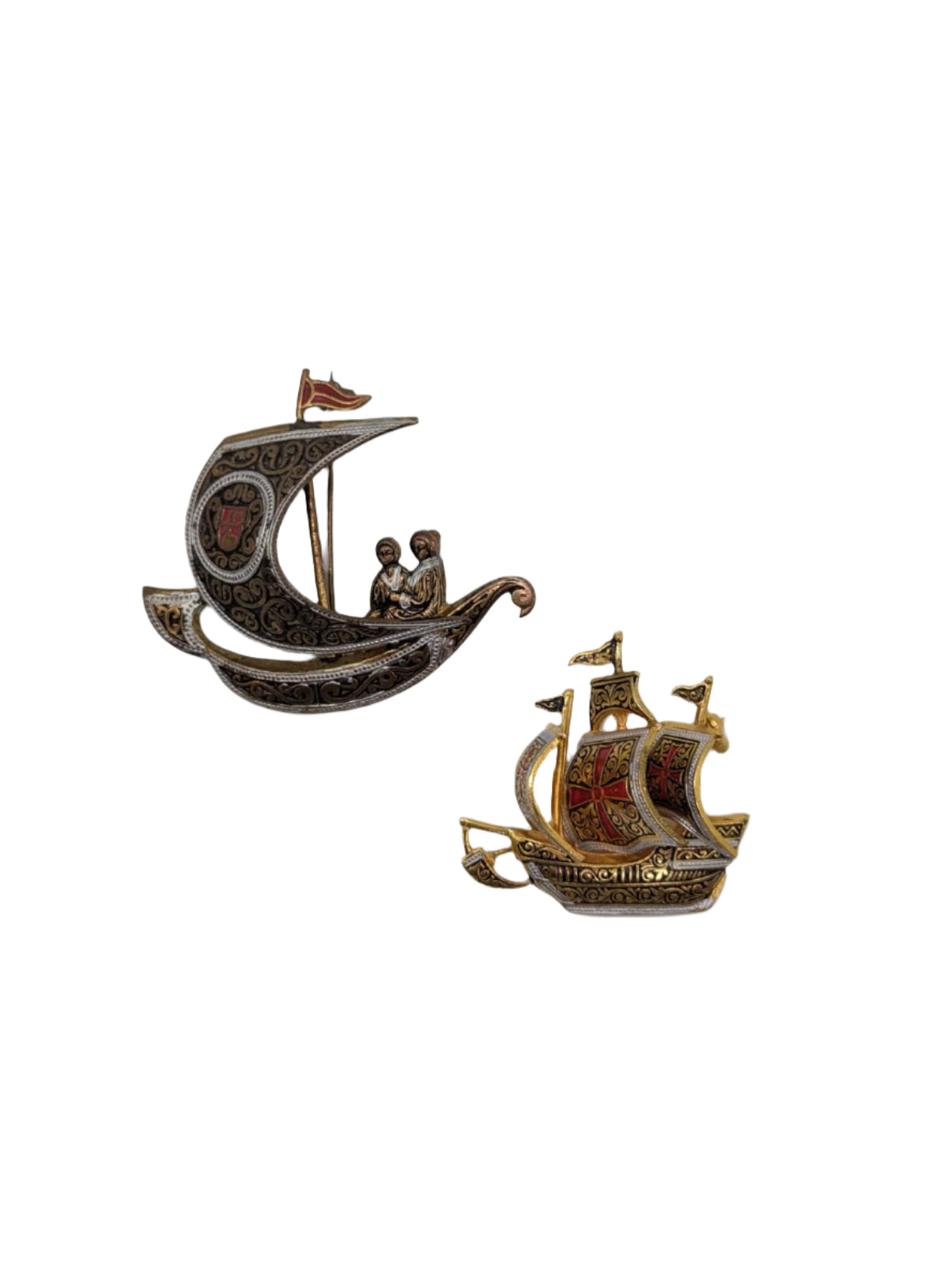 Broochella Damascene vintage brooch pin duo pair sailboat ship gold tone red black men’s women’s luxury 