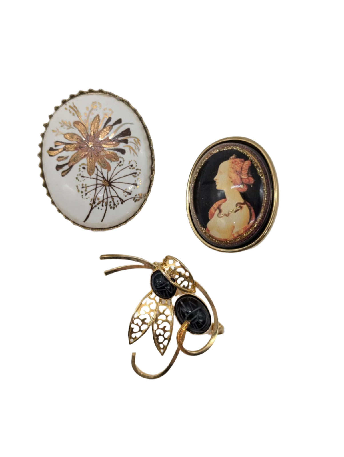 Broochella Cabinet of curiosities vintage brooch pin trio cameo floral gold tone women’s men’s designer