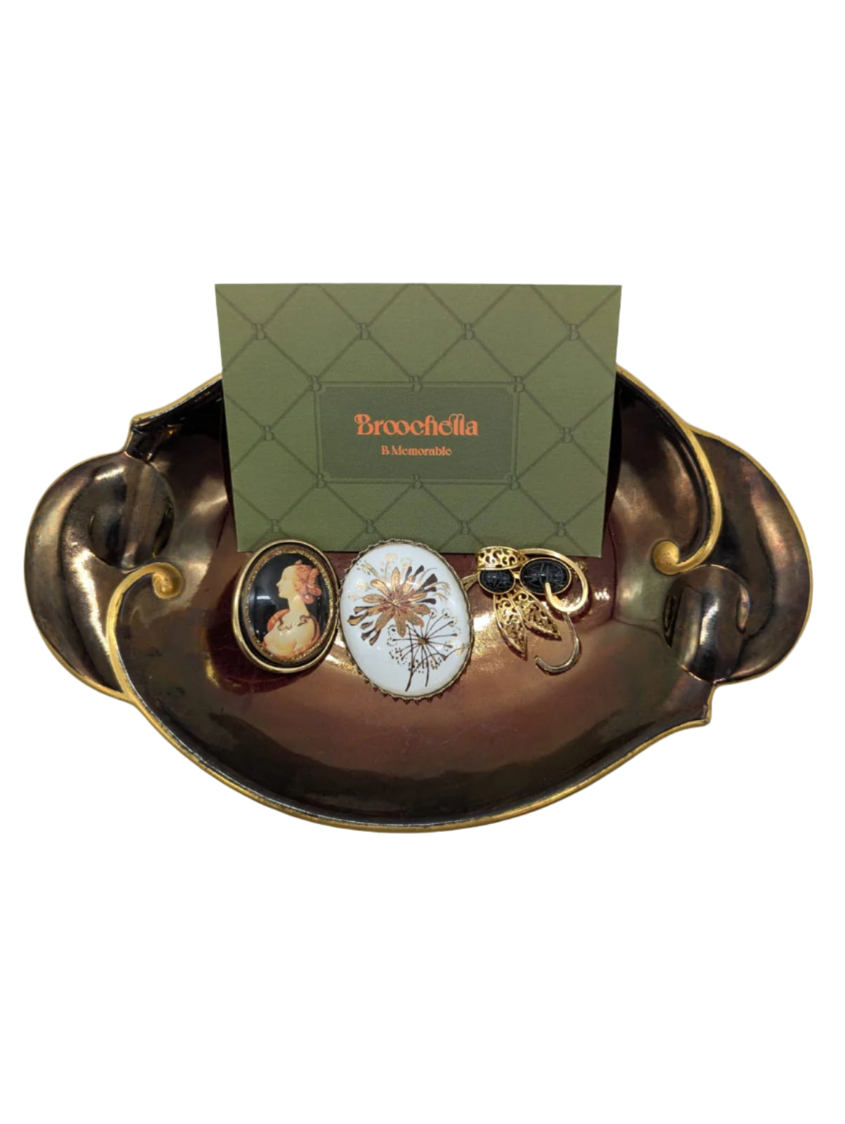 Broochella Cabinet of curiosities vintage brooch pin trio cameo floral gold tone women’s men’s designer