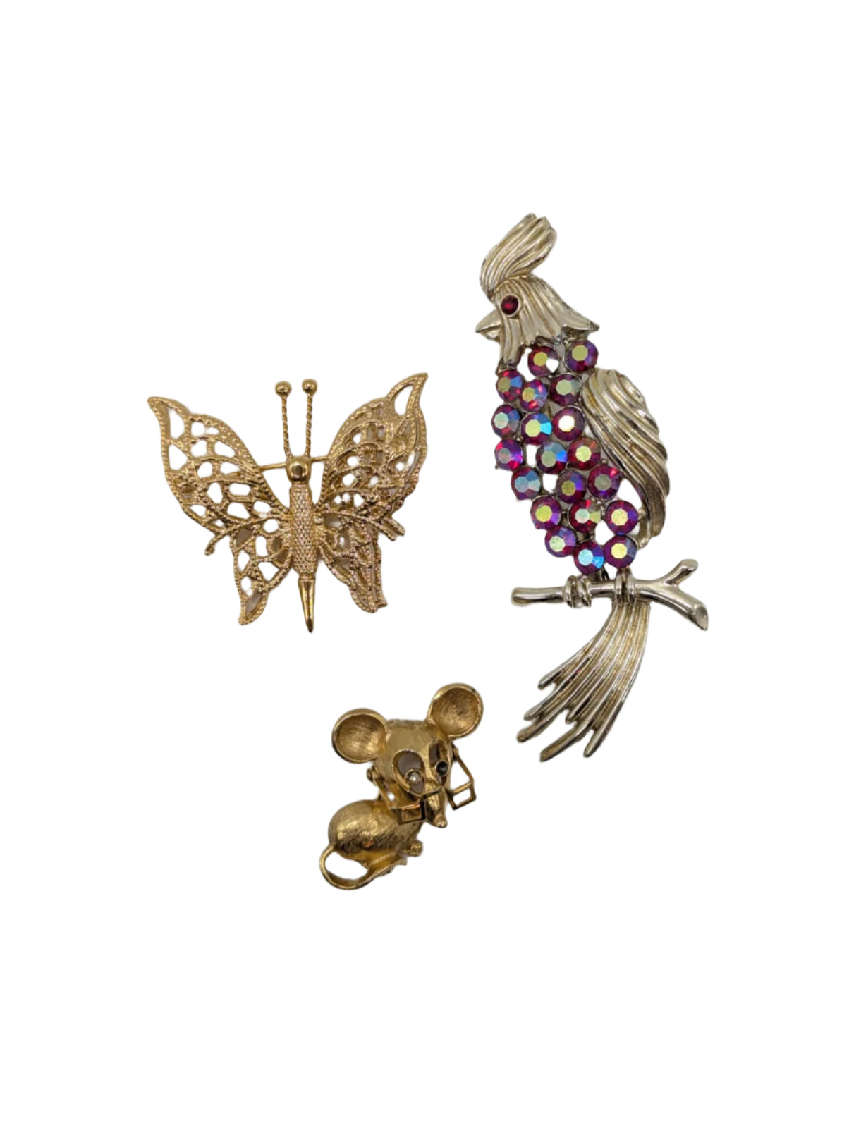 Broochella curious creatures vintage brooch pin trio set animal gold tone bird mouse butterfly designer rhinestone