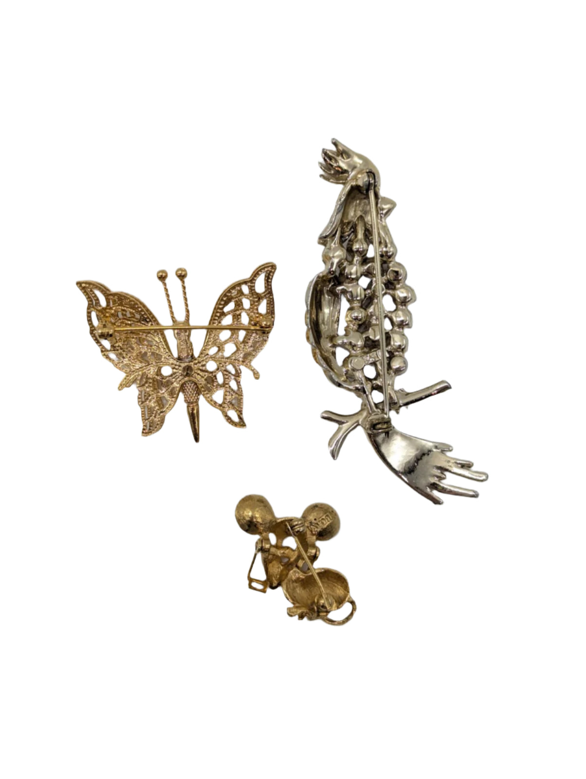 Broochella curious creatures vintage brooch pin trio set animal gold tone bird mouse butterfly rhinestone 