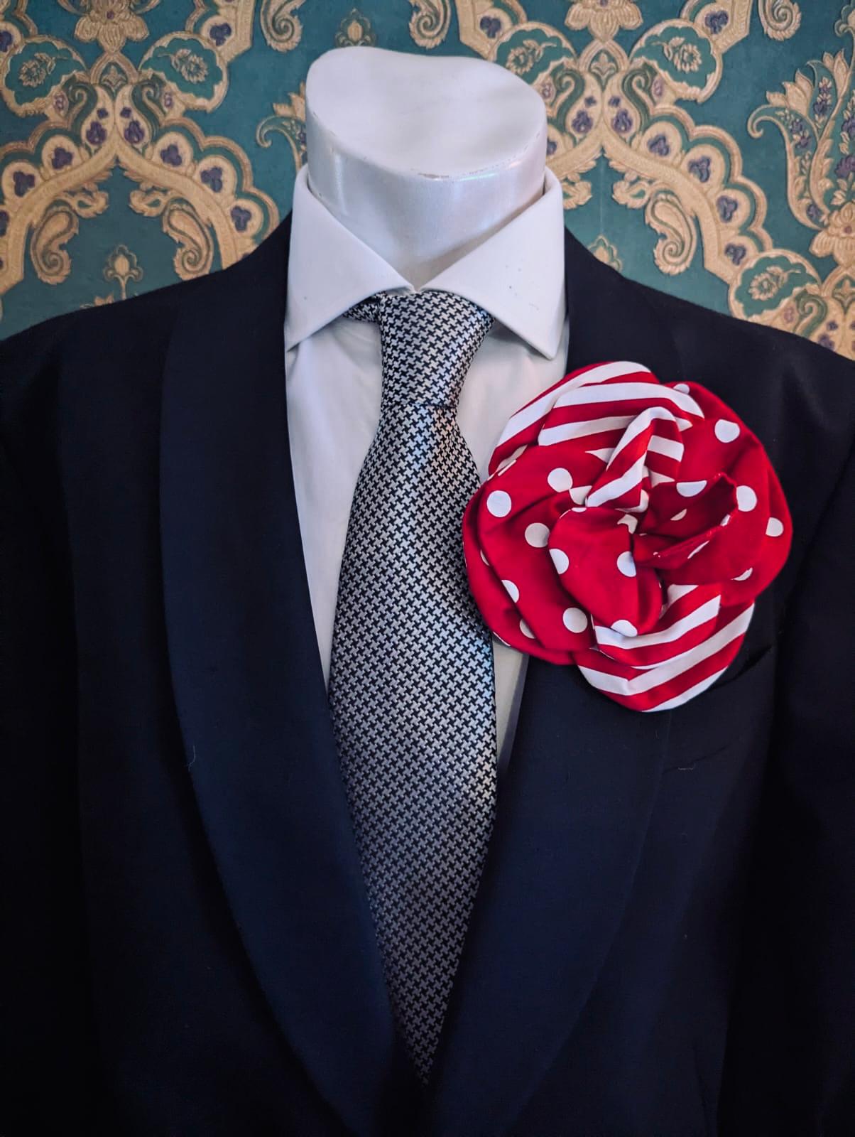 Broochella Men's Florella flower brooch cotton handmade spots stripes designer luxury red white