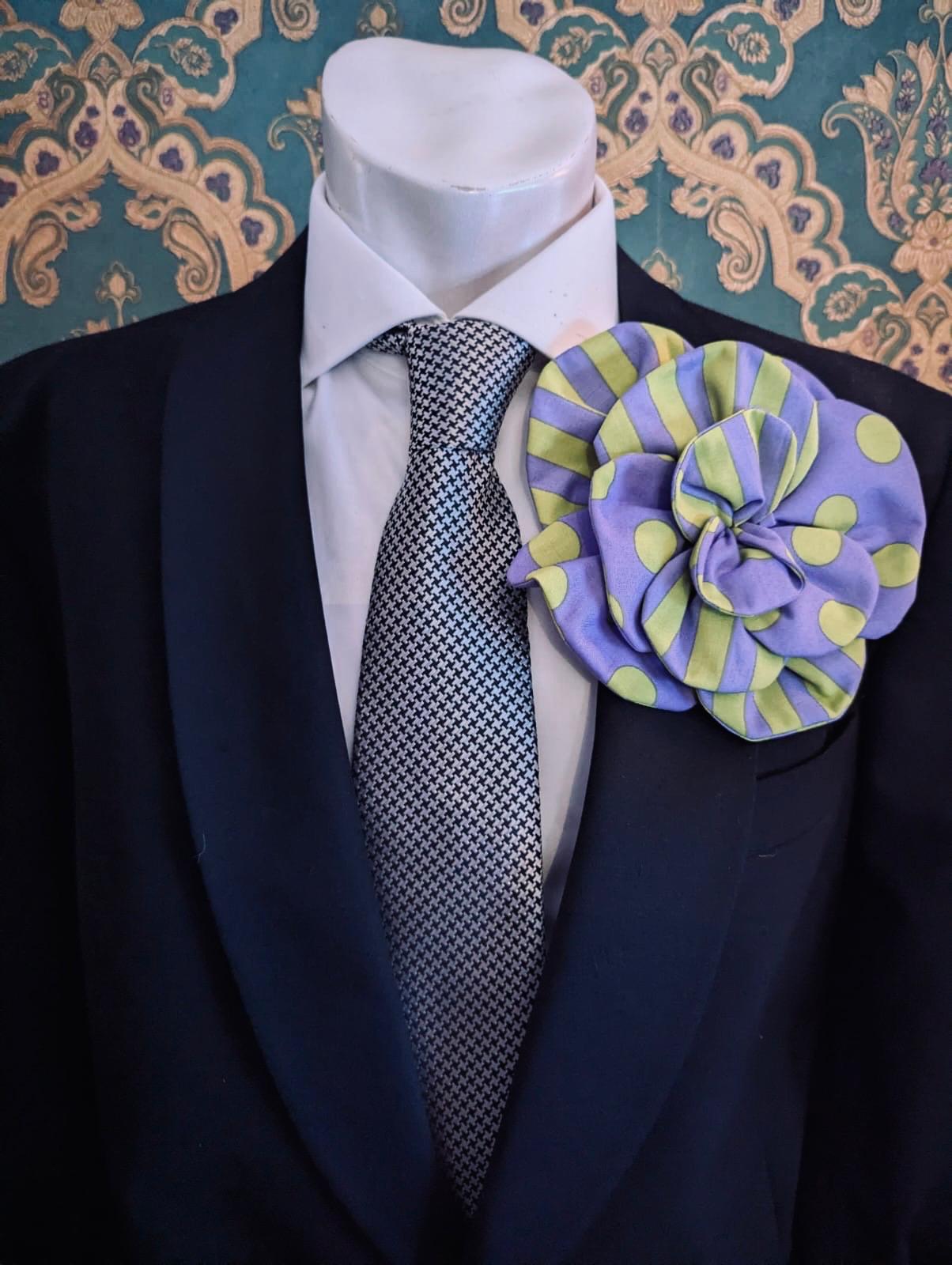 Broochella Men's Florella flower brooch cotton handmade spots stripes designer luxury green purple