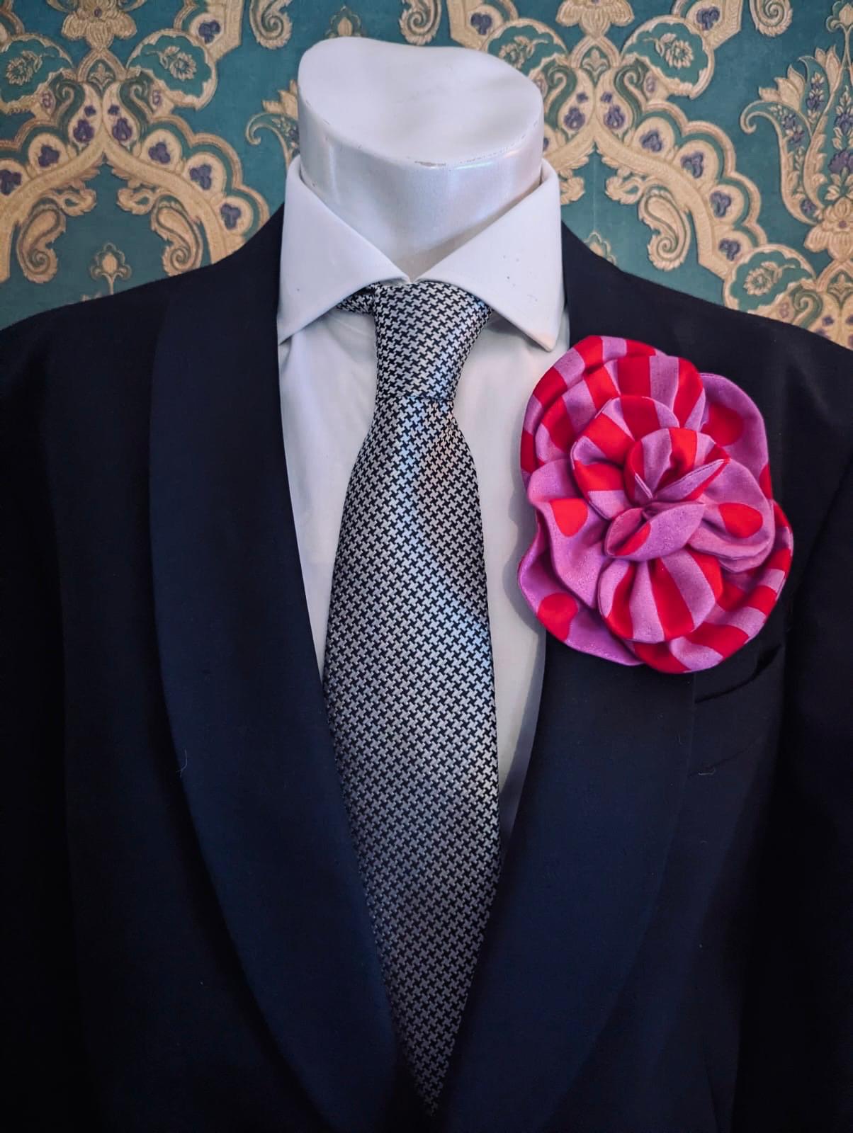 Broochella Men's Florella flower brooch cotton handmade spots  stripes designer luxury red pink