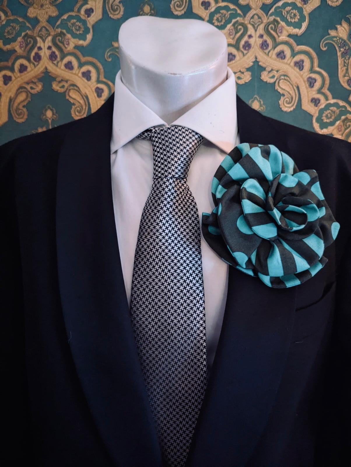 Broochella Men's Florella flower brooch cotton handmade spots  stripes designer luxury green aqua