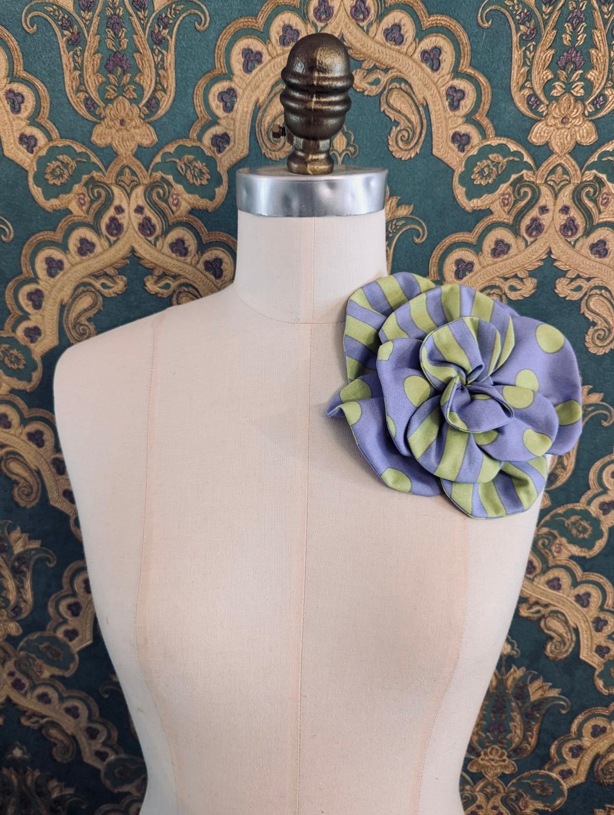 Broochella Florella spot stripe flower brooch pin green purple cotton handmade luxury designer men’s women’s 