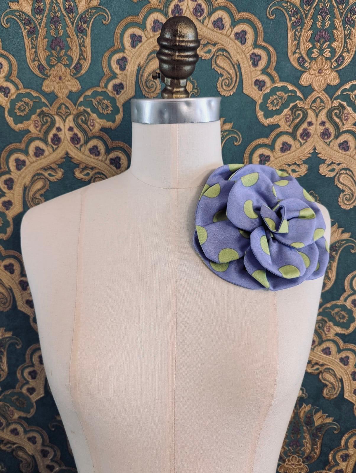 Broochella florella flower brooch pin purple green spot polka dot cotton handmade designer men’s women’s 