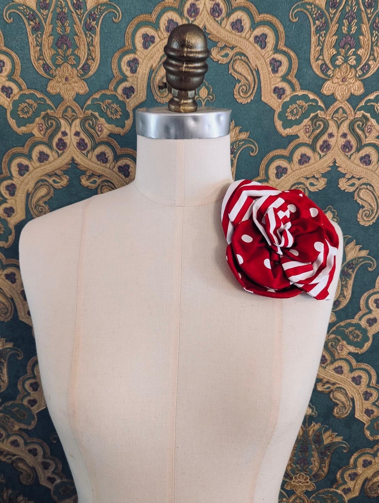 Broochella florella spot stripe polka dot flower brooch pin red white cotton handmade luxury designer women’s men’s 