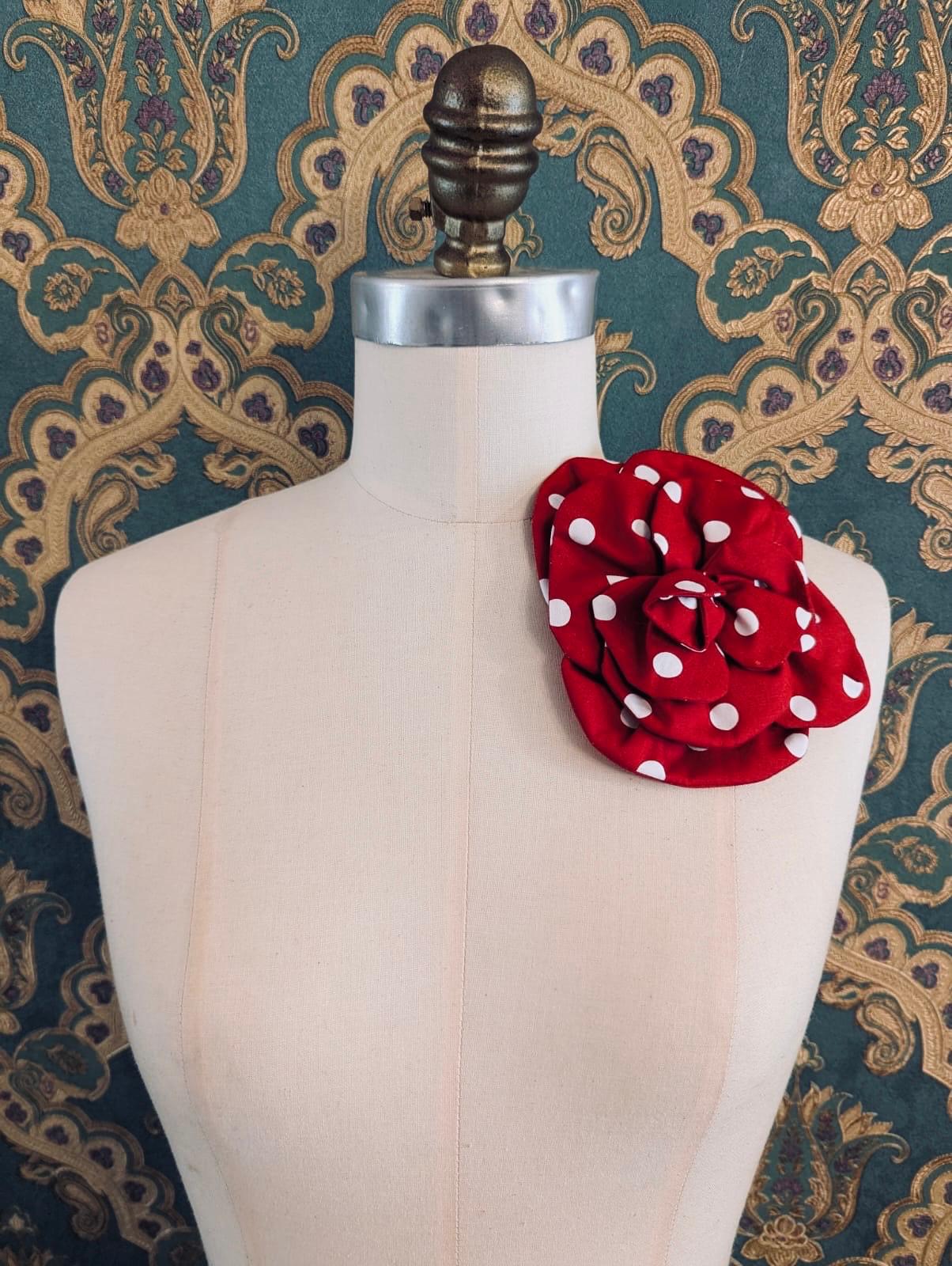 Broochella florella flower brooch pin red white spot polka dot cotton handmade luxury designer men’s women’s 