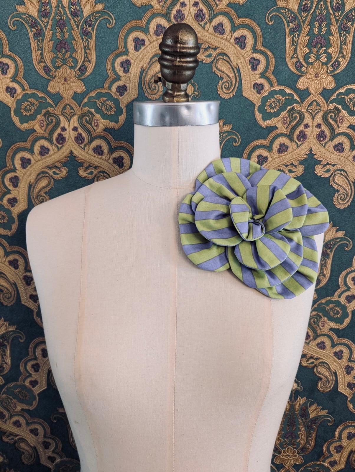 Broochella florella flower brooch pin green purple stripes striped cotton handmade designer luxury men’s women’s 