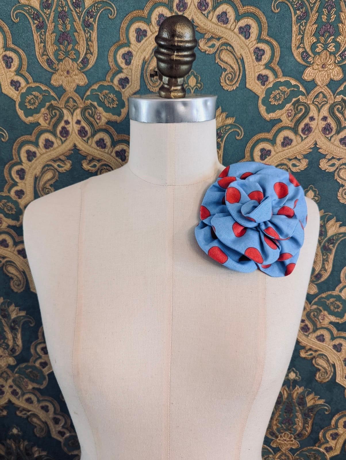 Broochella florella flower brooch pin red blue spot polka dot cotton handmade luxury designer women’s men’s 