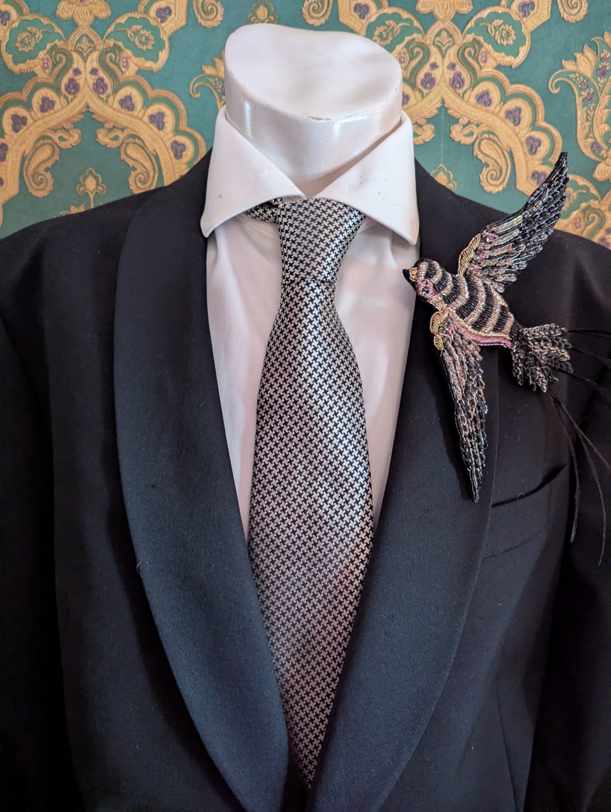 Broochella Men's Rondine bird brooch pin hand beaded embroidered black pink silver  handmade luxury designer 