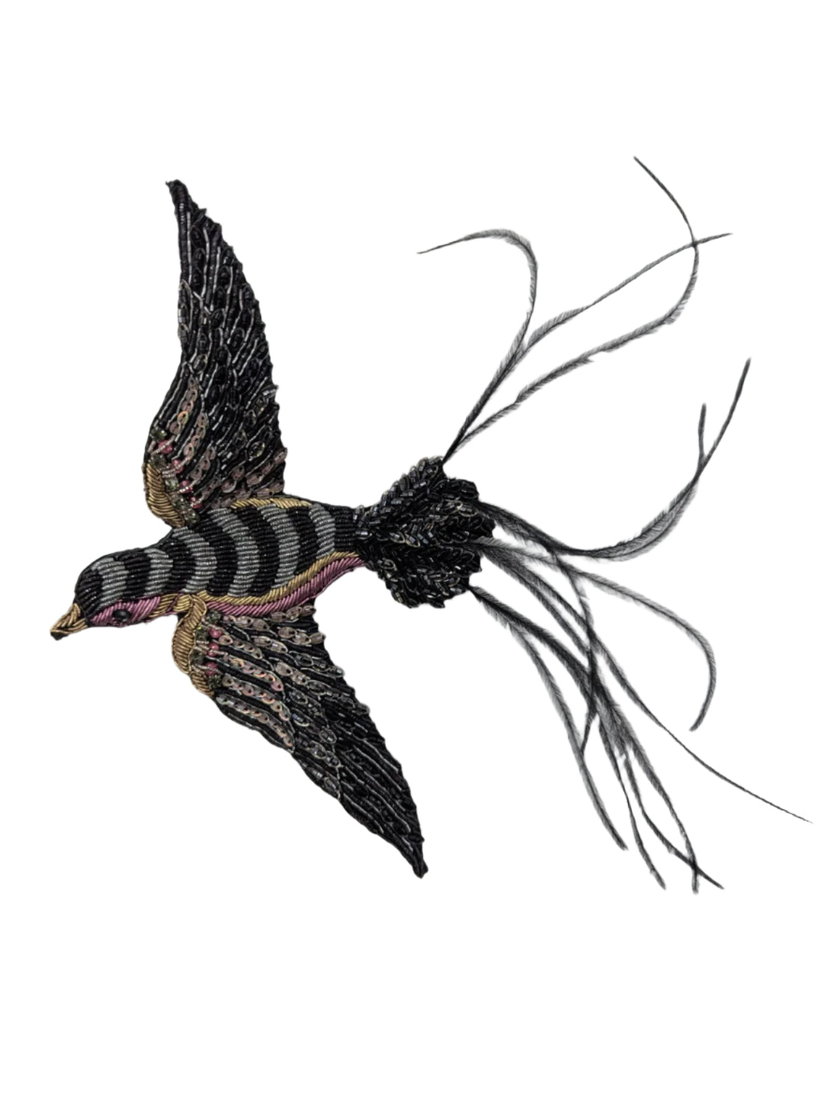 Broochella Men's Rondine bird brooch pin hand beaded embroidered black pink silver  handmade luxury designer 