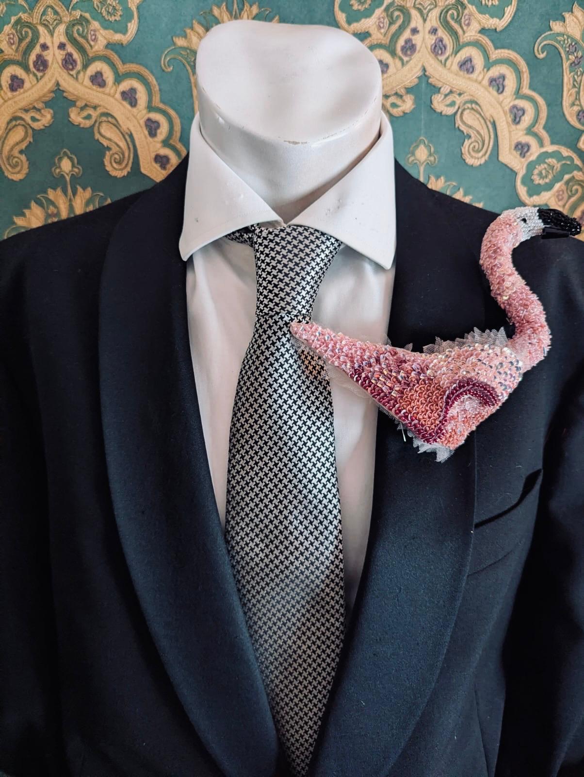 Broochella Men's flamingo  brooch pin Club Tropicana hand beaded handmade designer luxury 