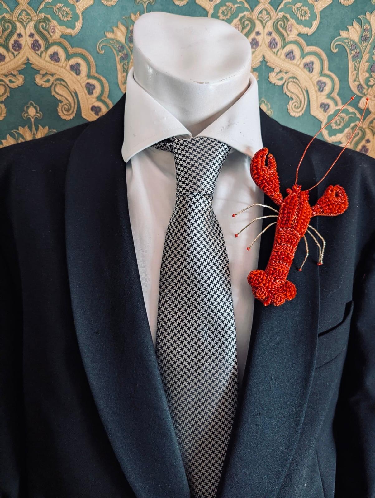 Broochella Men's Tropicana lobster  red brooch pin handmade hand beaded luxury designer 