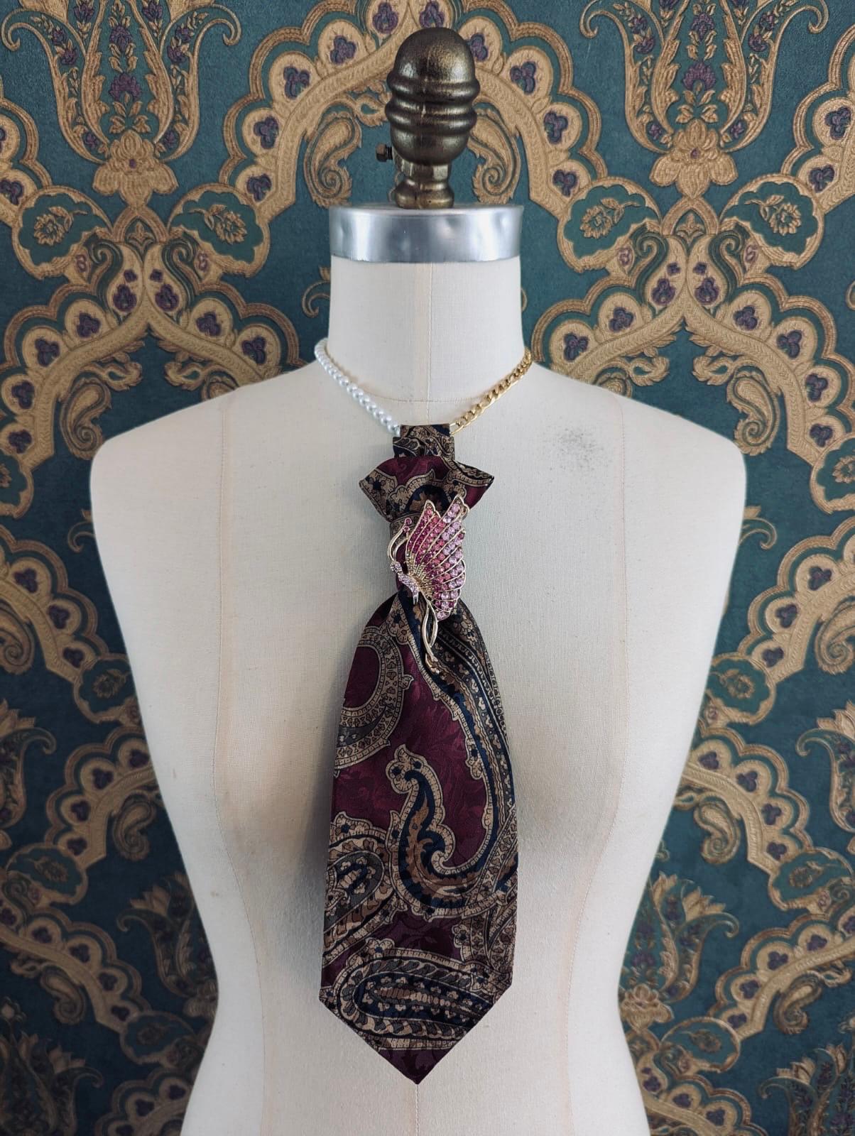 Broochella Montecristo Cravatta Tie brooch pin upcycled handmade vintage gold tone butterfly pink crystal brooch embellishment men's women's  designer luxury multicoloured red paisley