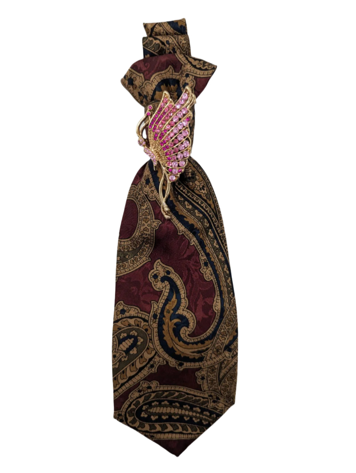 Broochella Montecristo Cravatta Tie brooch pin upcycled handmade vintage gold tone butterfly pink crystal brooch embellishment men's women's  designer luxury multicoloured red paisley