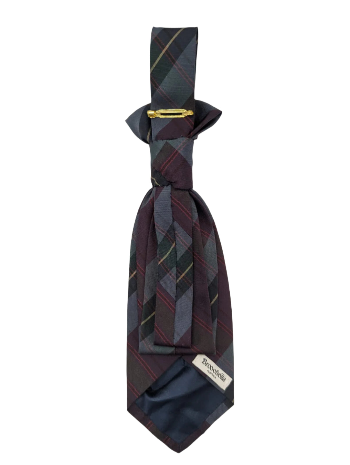 Broochella Montecristo Cravatta Tie brooch pin upcycled handmade vintage gold tone metal embellishment men's women's  designer luxury multicoloured burgundy green stripes