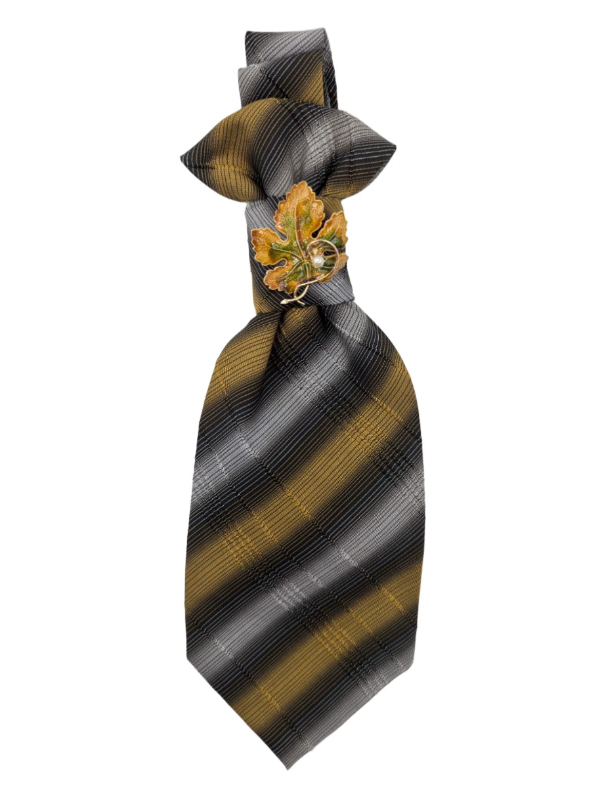 Broochella Montecristo Cravatta Tie brooch pin upcycled handmade vintage gold tone metal leaf brooch embellishment men's women's  designer luxury multicoloured gold grey stripes