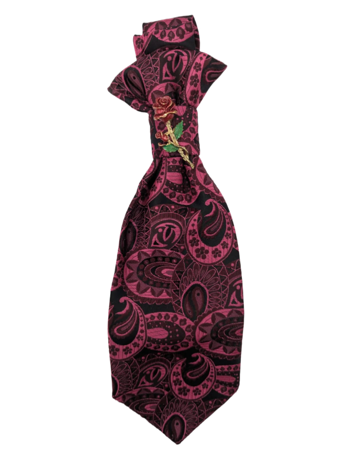 Broochella Montecristo Cravatta Tie brooch pin upcycled handmade vintage gold tone metal red rose flower embellishment men's women's  designer luxury multicoloured pink black brocade