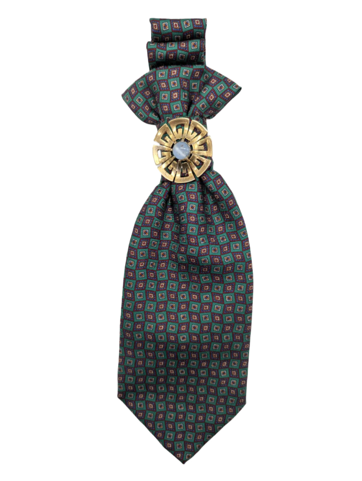 Broochella Montecristo Cravatta Tie brooch pin upcycled handmade vintage gold tone embellishment men's women's  designer luxury multicoloured green geometric print 
