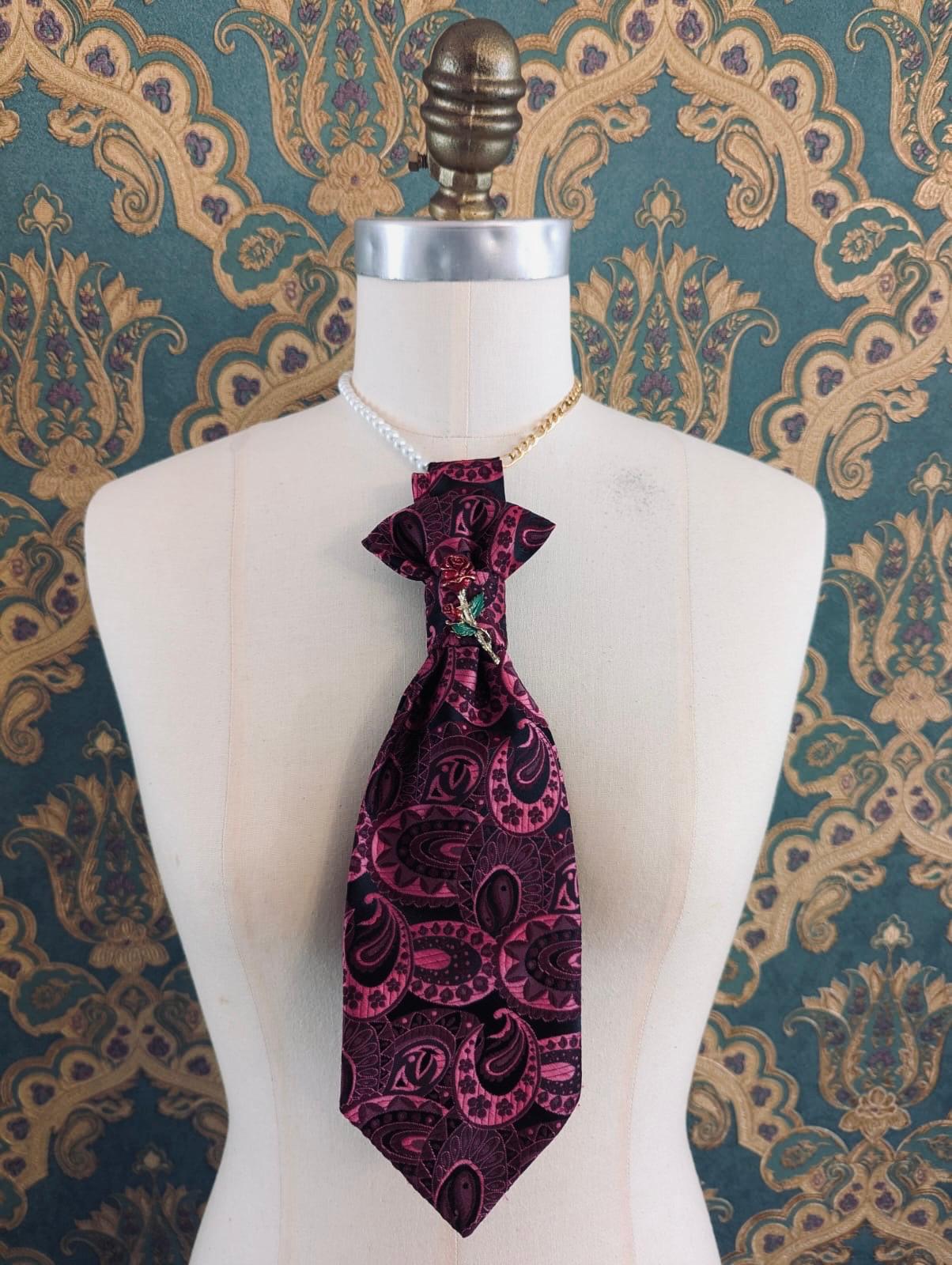 Broochella Montecristo Cravatta Tie brooch pin upcycled handmade vintage gold tone metal red rose flower embellishment men's women's  designer luxury multicoloured pink black brocade
