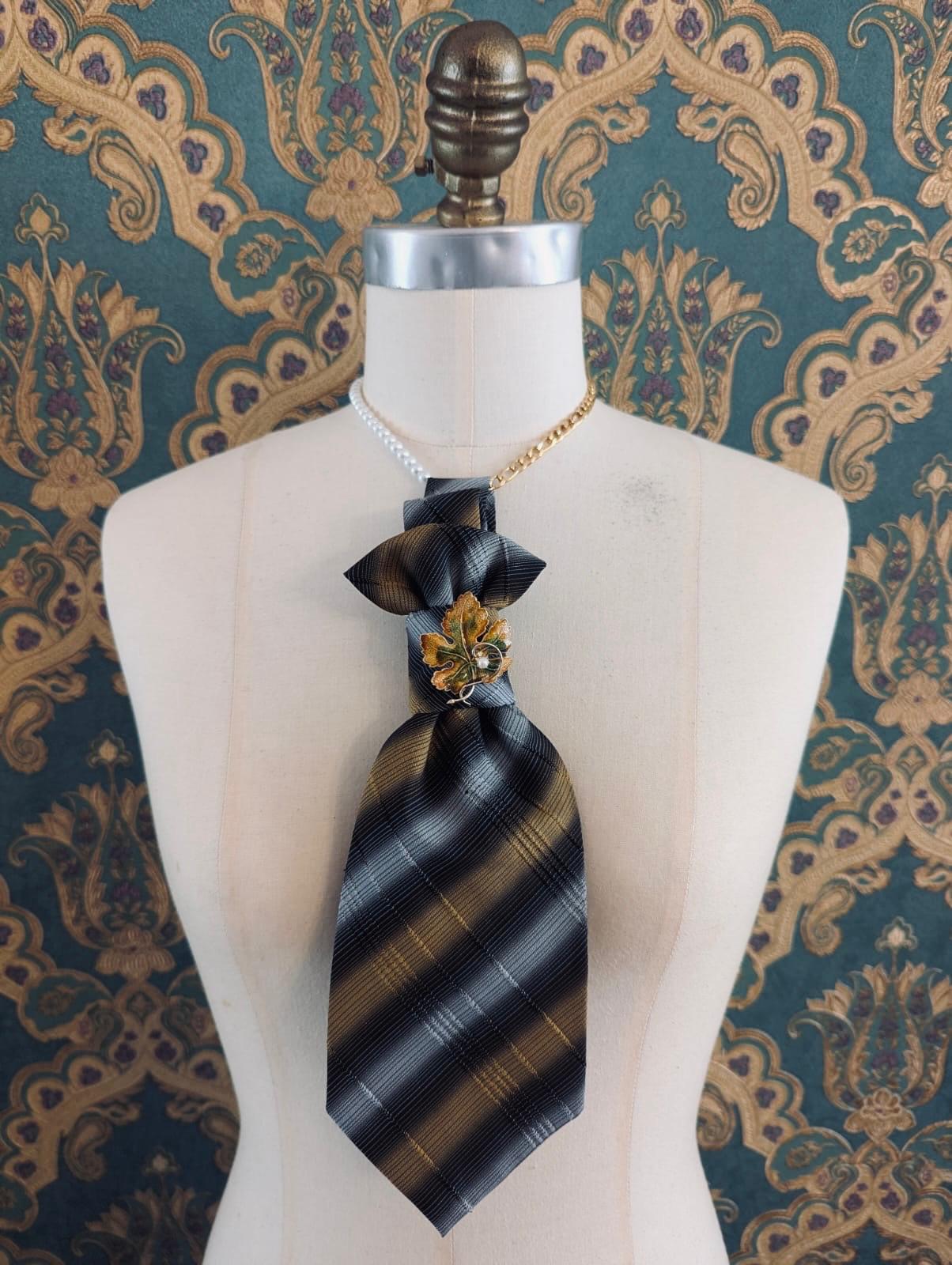 Broochella Montecristo Cravatta Tie brooch pin upcycled handmade vintage gold tone metal leaf brooch embellishment men's women's  designer luxury multicoloured gold grey stripes