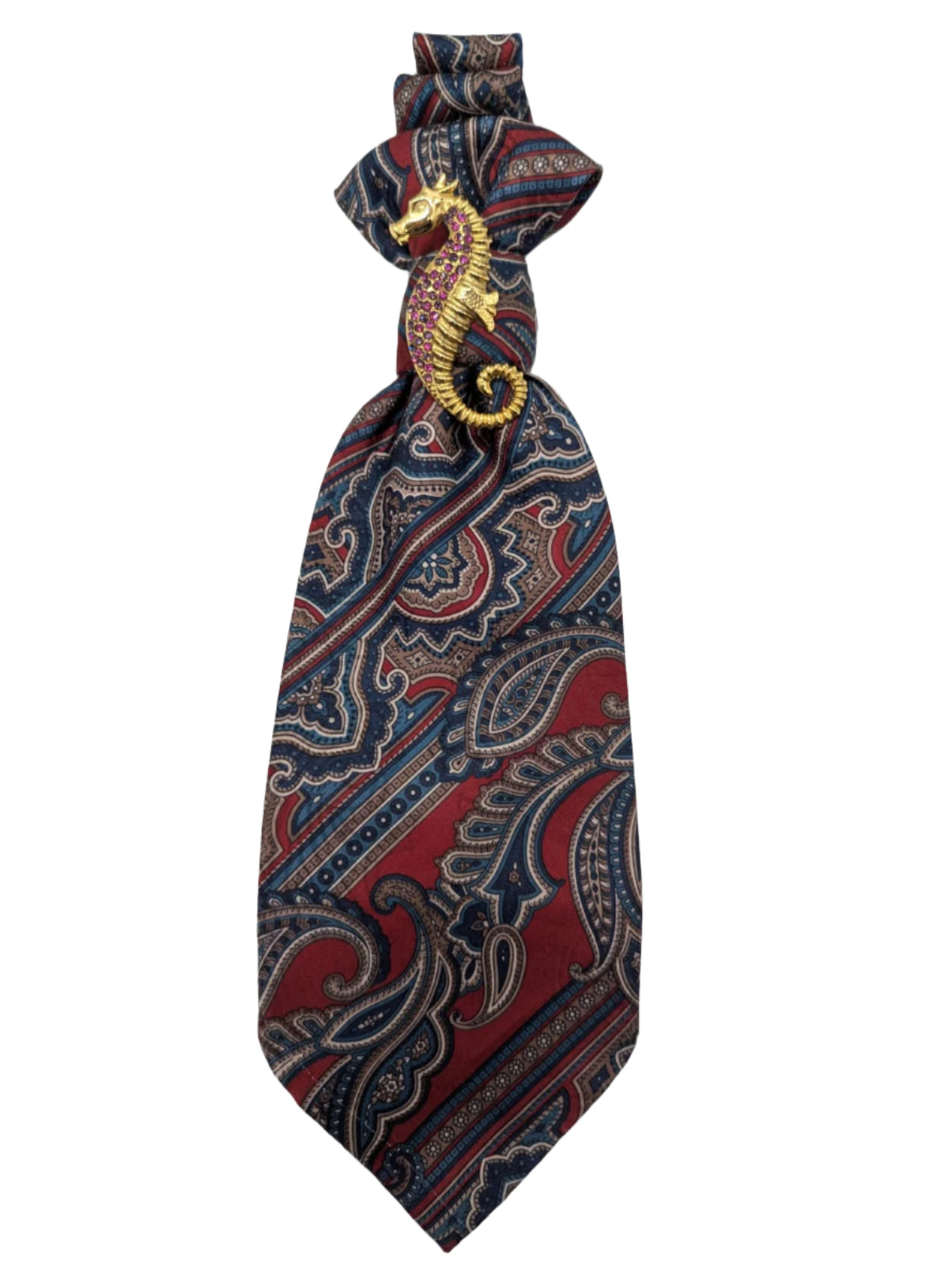 Broochella Montecristo Cravatta Tie brooch pin upcycled handmade vintage gold tone metal seahorse embellishment men's women's  designer luxury multicoloured red paisley print 