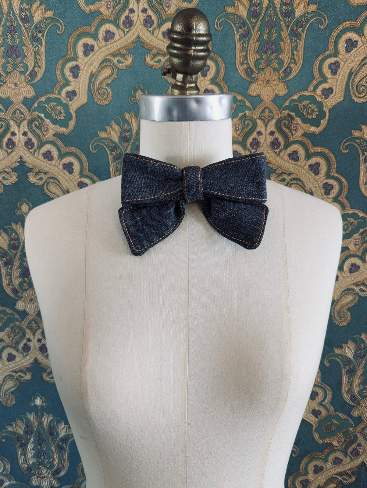 Broochella small denim bow brooch dark blue black grey handmade upcycled men's women's designer luxury