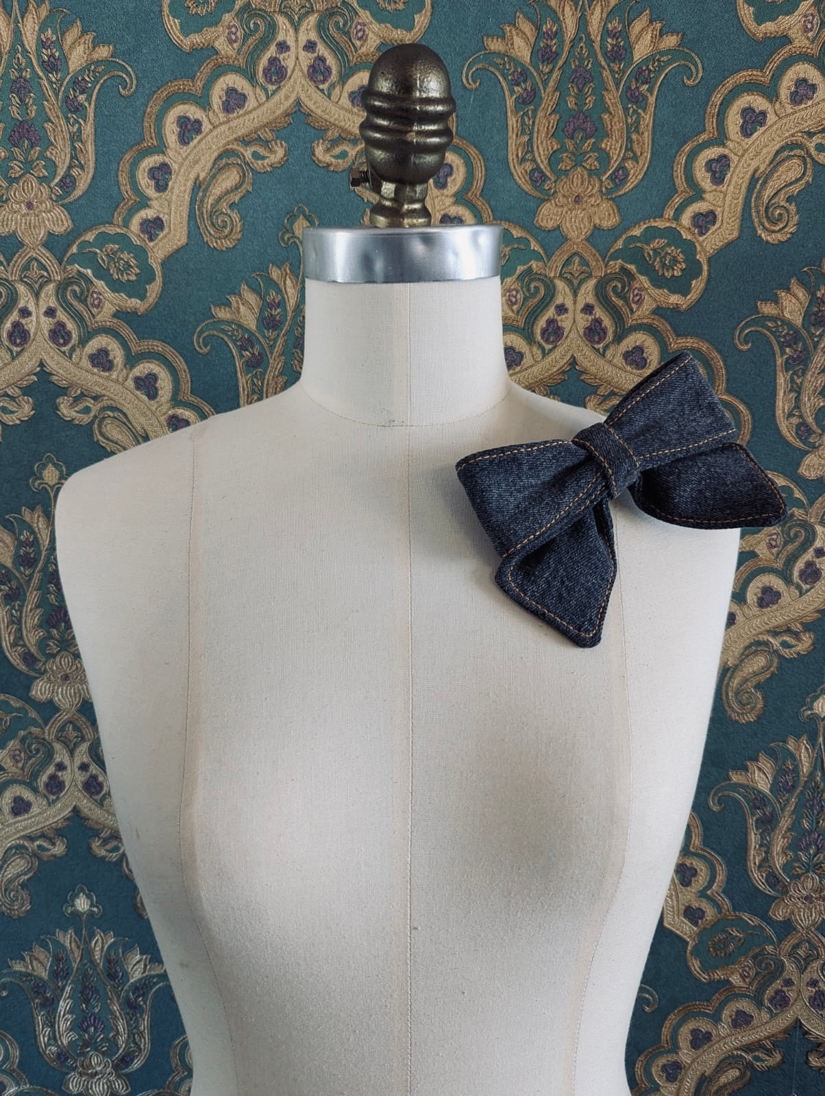 Broochella small denim bow brooch dark blue black grey handmade upcycled men's women's designer luxury