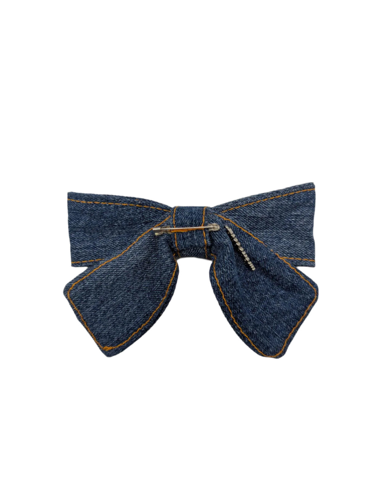 Broochella small denim bow brooch pin mid wash blue denim handmade upcycled jeans luxury designer 