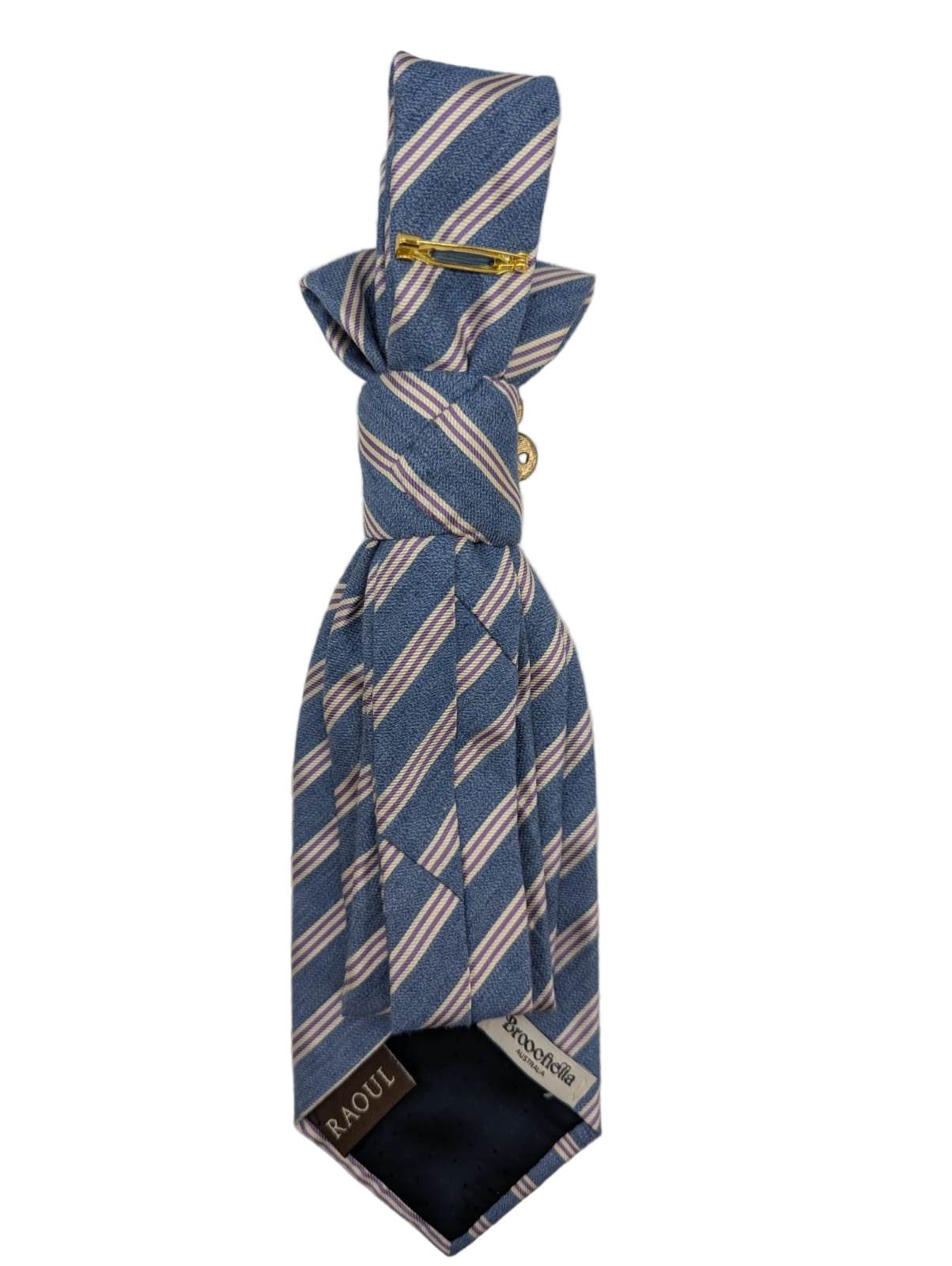 Broochella Montecristo cravatta tie brooch pin luxury designer men's women's upcycled vintage embellishment handmade blue white stripes